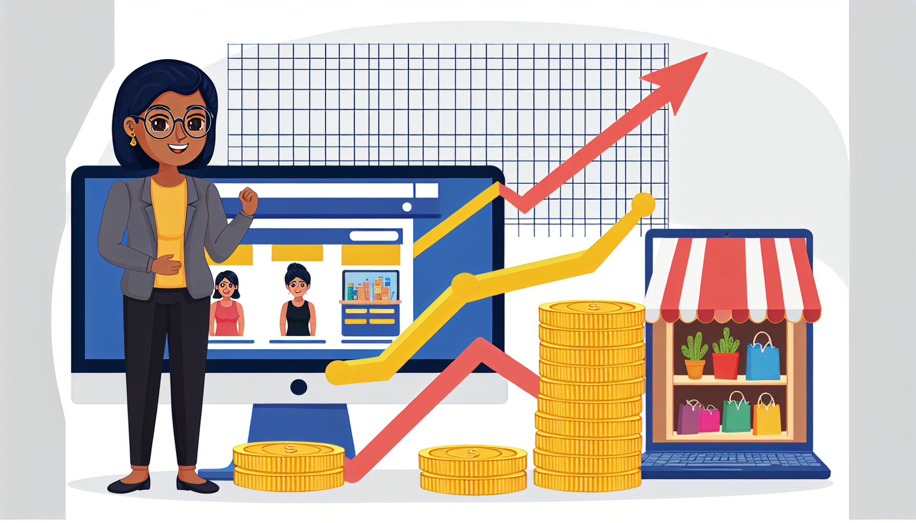 Eine Darstellung des Online-Einkommens durch Affiliate-Marketing. Die Szene zeigt einen Computer mit einem Online-Shop auf dem Bildschirm, der verschiedene Produkte anzeigt. Neben dem Computer befindet sich ein Stapel von Münzen, der in der Höhe zunimmt und somit ein wachsendes Einkommen symbolisiert. Im Hintergrund ist ein Diagramm zu sehen, das einen Aufwärtstrend zeigt und auf das Wachstum des Gewinns hinweist. Ergänzend zu diesen Elementen könnte eine Frau südasiatischer Abstammung mit Brille dargestellt werden, die glücklich an einem Laptop arbeitet, was symbolisch für die Person steht, die das Affiliate-Marketing betreibt.