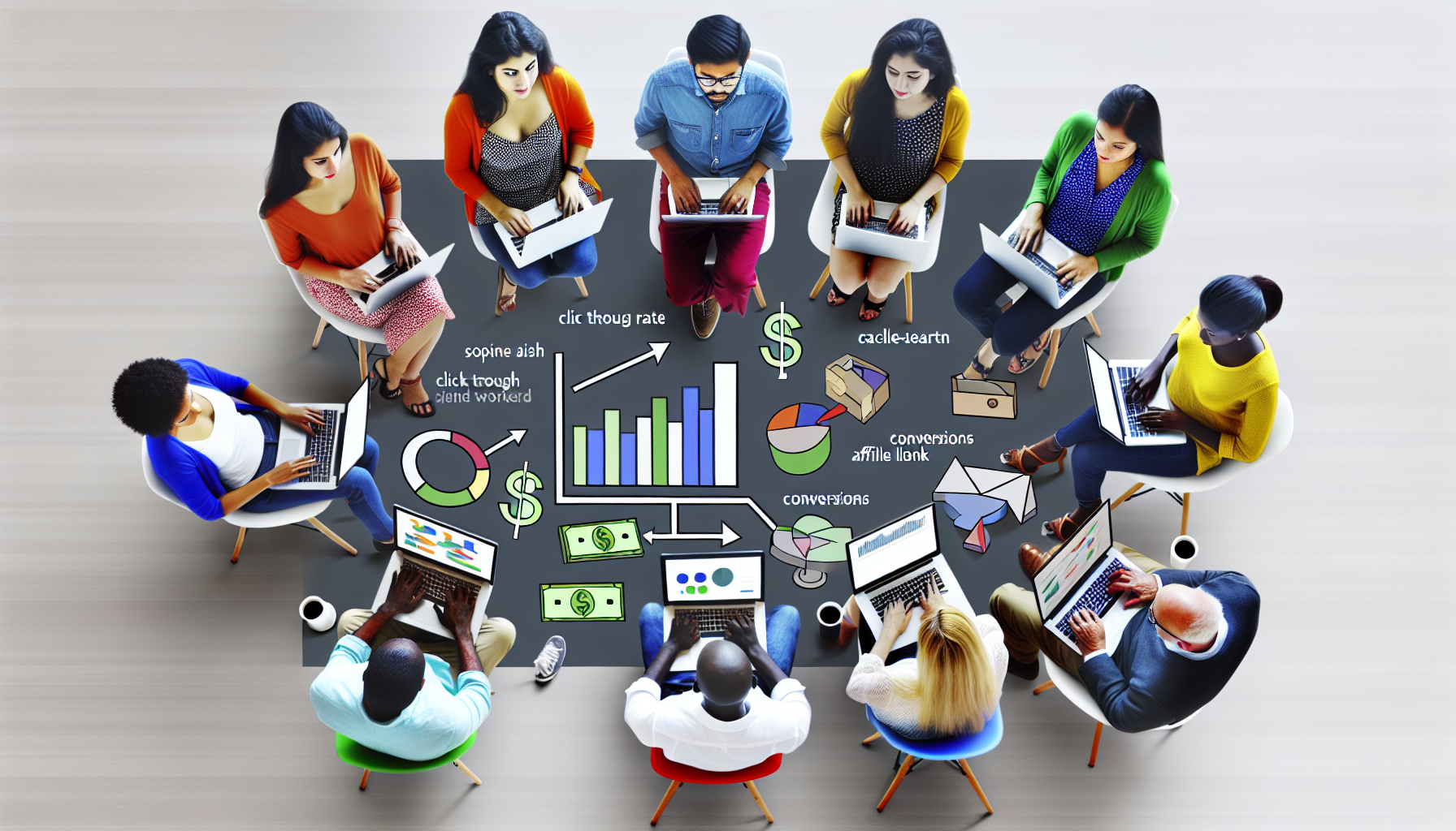 Erstellen Sie ein Bild, das das Konzept des Geldverdienens online durch Affiliate-Marketing veranschaulicht. Zeigen Sie eine Vielzahl von südasiatischen, hispanischen, kaukasischen, nahöstlichen, schwarzen und weißen Personen unterschiedlichen Geschlechts, die aktiv mit ihren Laptops arbeiten. Sie sollten Grafiken und Daten auf ihren Bildschirmen ansehen, die ihre erfolgreichen Online-Geschäfte widerspiegeln. Um den Raum herum können visuelle Hinweise wie Dollarzeichen und Begriffe wie 'Klickrate', 'Konversionen' und 'Affiliate-Links' verstreut sein, um die Art der Arbeit anzuzeigen. Die Umgebung sollte freundlich sein, mit kollegialer Interaktion unter den verschiedenen Personen, die den Gemeinschaftsgeist im Affiliate-Marketing symbolisieren.