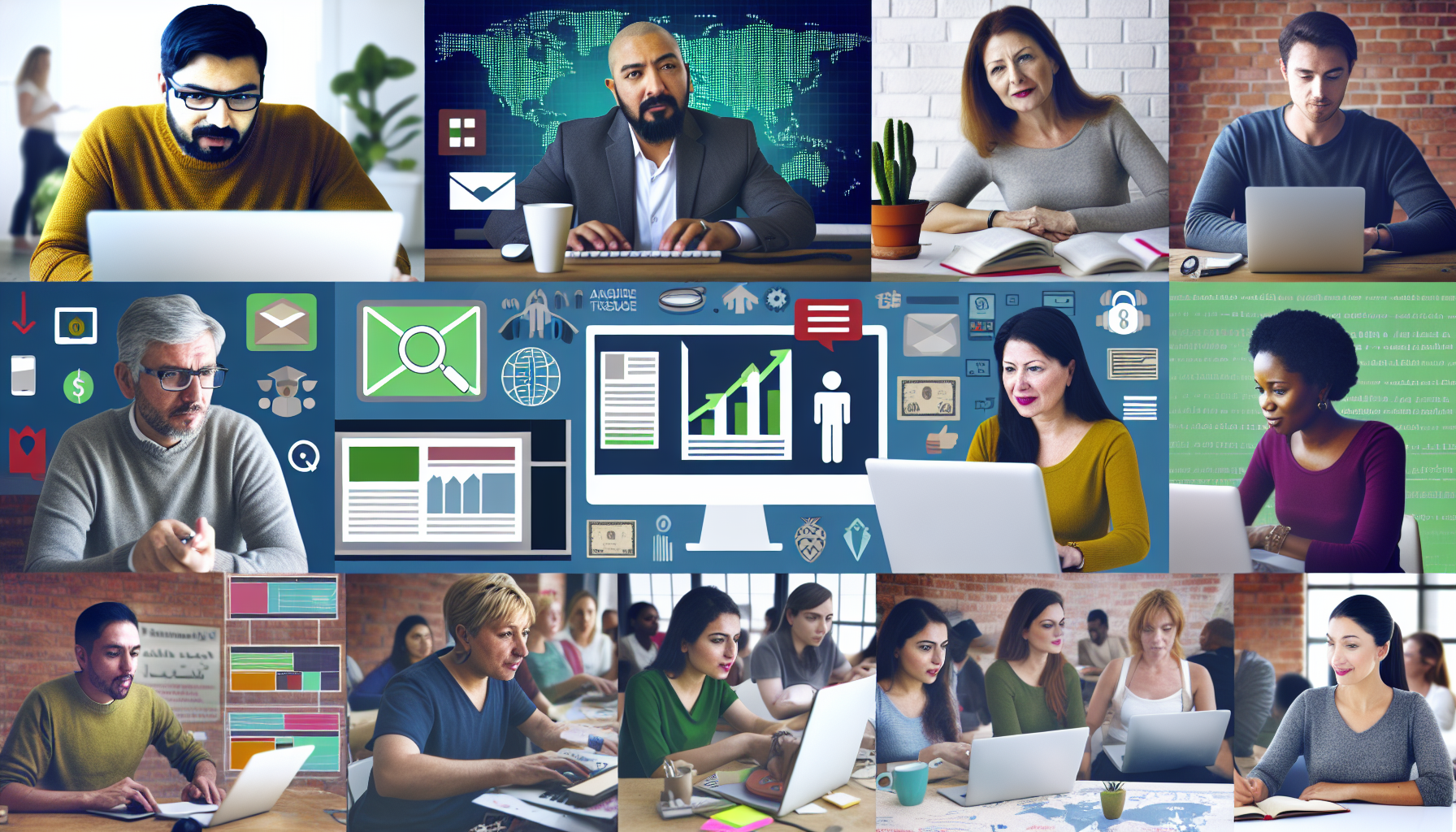 Eine visuelle Darstellung des Geldverdienens im Internet. Sie zeigt eine vielfältige Gruppe von Personen, die vor ihren Computern sitzen. Zum Beispiel ein hispanischer Mann in seinen Dreißigern, der in einem ruhigen Home-Office programmiert. Eine kaukasische Frau in ihren Zwanzigern, die auf einem geschäftigen Handelsplatz Marktentwicklungen recherchiert. Eine mittelöstliche Frau, die in einem gemütlichen Café Sprachen in einer Online-Sitzung unterrichtet. Jede Person ist fokussiert und engagiert und zeigt verschiedene Strategien, um online Geld zu verdienen. Das Bild enthält auch gängige Symbole für Online-Einkommen, wie eine digitale Brieftasche, einen elektronischen Marktplatz oder eine Online-Werbung.