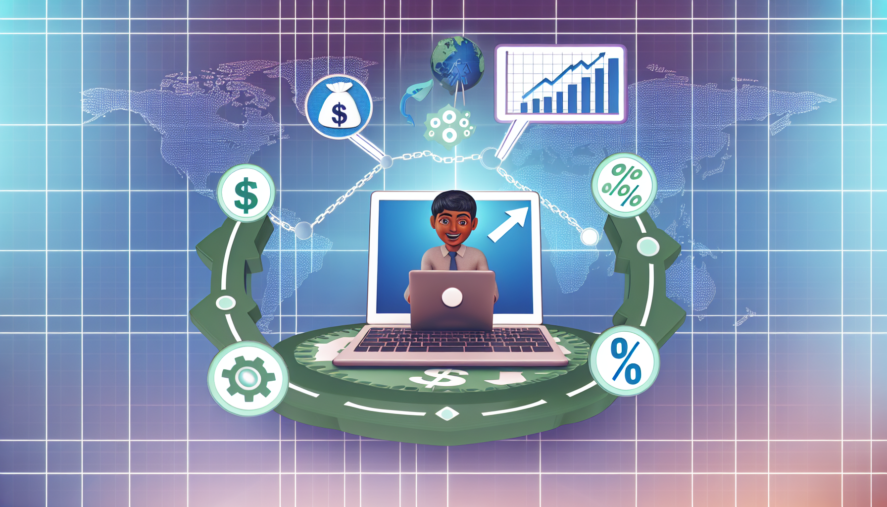 Eine illustrierte Darstellung des Geldverdienens online durch Affiliate-Marketing. Das Bild sollte ein digitales Arbeitsplatz-Setup zeigen, mit einem Laptop, der ein Diagramm steigender Gewinne anzeigt, umgeben von Symbolen des Affiliate-Marketings wie einer Linkkette, einem Prozentzeichen und einem Einkaufswagen. Der Hintergrund zeigt eine Weltkarte, die die globale Reichweite dieser Strategie betont. Zusätzlich interagiert eine Figur südasiatischer Abstammung glücklich mit dem Setup und verkörpert den erfolgreichen Umgang mit diesem Online-Geschäftsmodell.