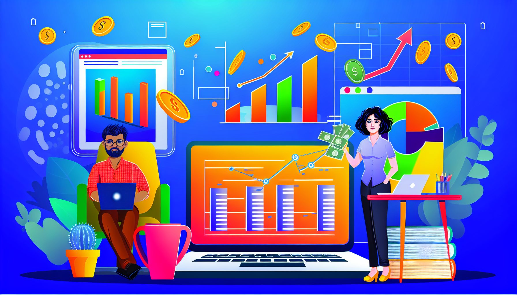 Ein illustrierter Leitfaden, der das Konzept des Geldverdienens online durch Affiliate-Marketing demonstriert. Im Hintergrund befindet sich ein Laptop mit einem lebhaften Bildschirm, der ein Balkendiagramm mit wachsendem Umsatz zeigt. Im Vordergrund sitzt ein männlicher südasiatischer Softwareentwickler an einem Schreibtisch mit einer Kaffeetasse und arbeitet an seinem Laptop. Neben dem Schreibtisch steht eine kaukasische Frau und präsentiert ein Kreisdiagramm, während sie das Konzept der Umsatzbeteiligung erklärt. Münzen und Banknoten schweben in der Luft und deuten auf die Generierung von Einnahmen hin.