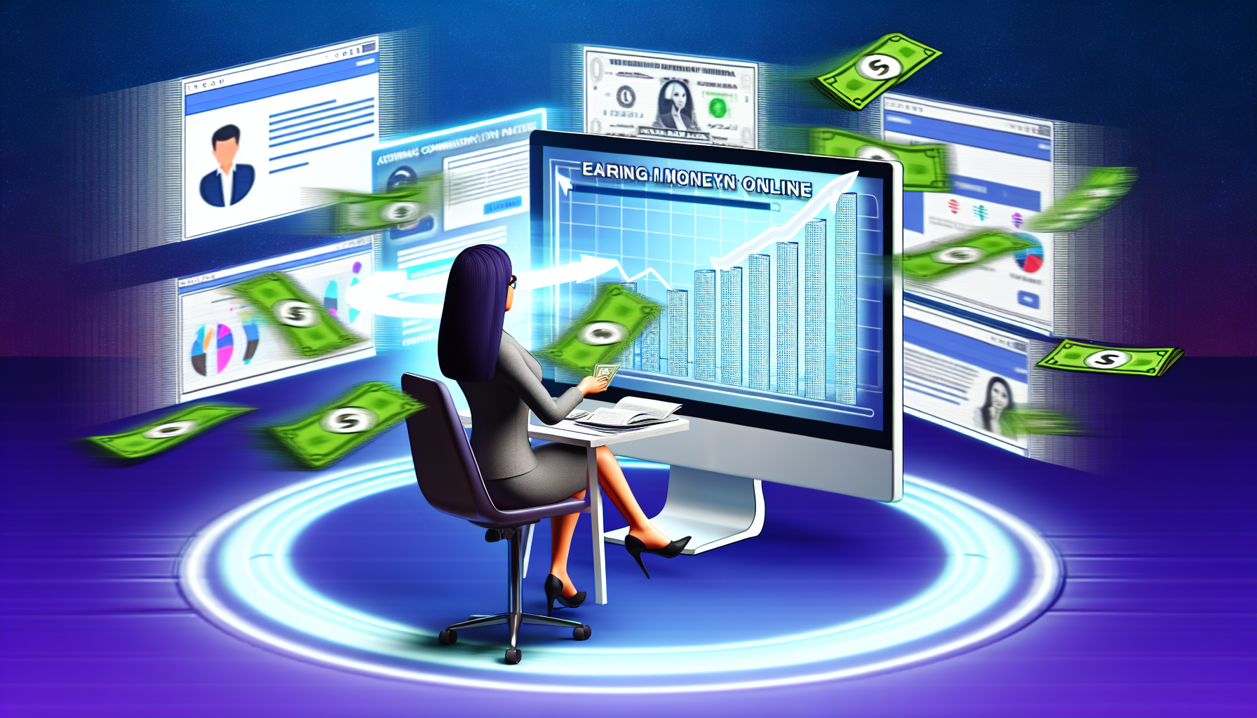 Eine Szene, die das Konzept des Geldverdienens online durch Affiliate-Marketing zeigt. Im Vordergrund ist eine beschäftigte Geschäftsfrau vor einem modernen, eleganten Computer zu sehen. Der Bildschirm zeigt ein Diagramm, das wachsende Provisionssätze darstellt. Auf der einen Seite befinden sich wunderschön illustrierte Banner und Anzeigen, die verschiedene Produkte und Dienstleistungen repräsentieren, die sie bewirbt. Geldscheine schweben subtil durch die Szene und deuten auf lukrative Möglichkeiten hin. Dieses Bild repräsentiert Vielfalt mit einer asiatischen Geschäftsfrau, die die Szene anführt.