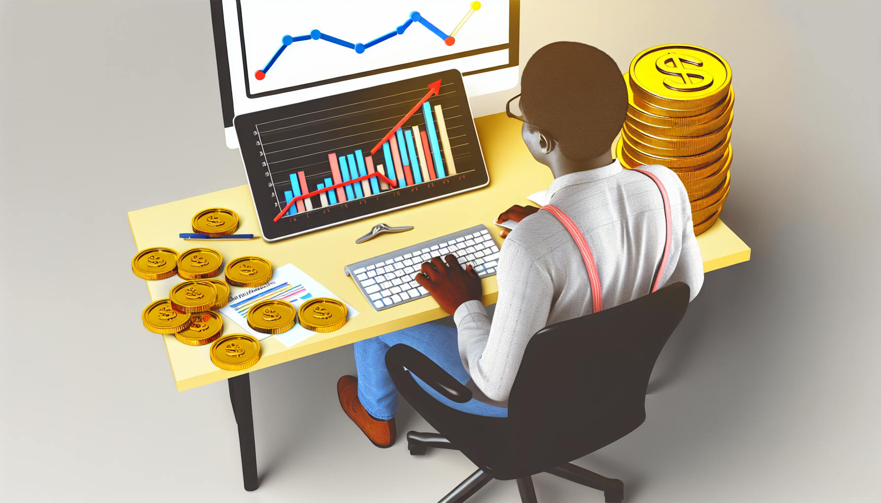 Ein konzeptionelles Bild, das das Online-Geldverdienen durch Affiliate-Marketing darstellt. Zeigen Sie eine lässig gekleidete Person afroamerikanischer Abstammung an ihrem Computer, dessen Bildschirm ein Diagramm mit steigenden Gewinnen zeigt. Außerdem sollte ein Haufen Goldmünzen in der Nähe sein, um die Einnahmen darzustellen. Umgebende Elemente könnten beliebte Online-Marketing-Tools wie SEO, Blogs und Symbole für soziale Medien umfassen. Diese Szene wird aus einer Perspektive betrachtet, die einen klaren Blick auf den Arbeitsplatz und die Person bietet.