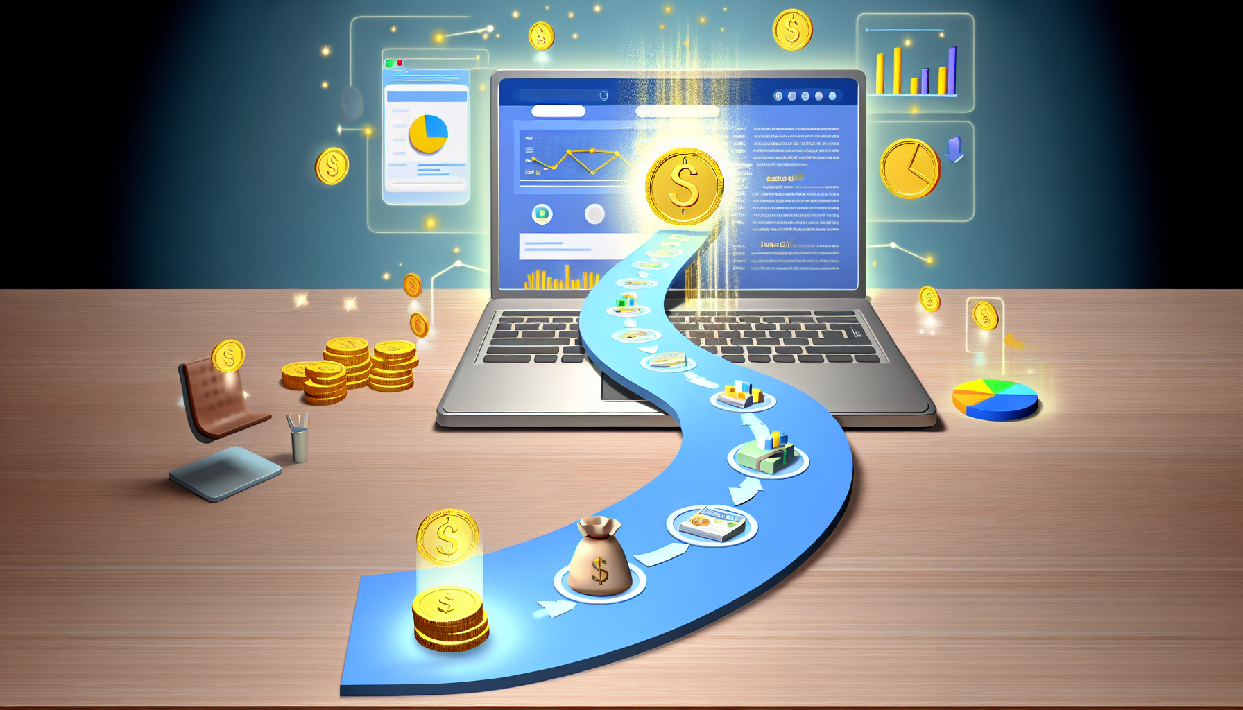 Visualisieren Sie eine Szene, die den Prozess des Geldverdienens online durch Affiliate-Marketing zeigt. Das Bild sollte einen Laptop auf einem Holztisch darstellen, auf dessen Bildschirm verschiedene Website-Analysen, Tortendiagramme und Balkendiagramme angezeigt werden. Rund um den Laptop sollten verschiedene Symbole dargestellt sein, die unterschiedliche Online-Geschäfte oder Produkte repräsentieren. Es gibt auch einen Weg, der von diesen Geschäften zu einer Goldmünze führt, die das verdiente Geld symbolisiert. Der Übergang von virtuellem zu physischem Wohlstand wird durch einen leuchtenden Heiligenschein um die Goldmünze herum verdeutlicht. Es sind keine menschlichen Charaktere in der Szene enthalten.