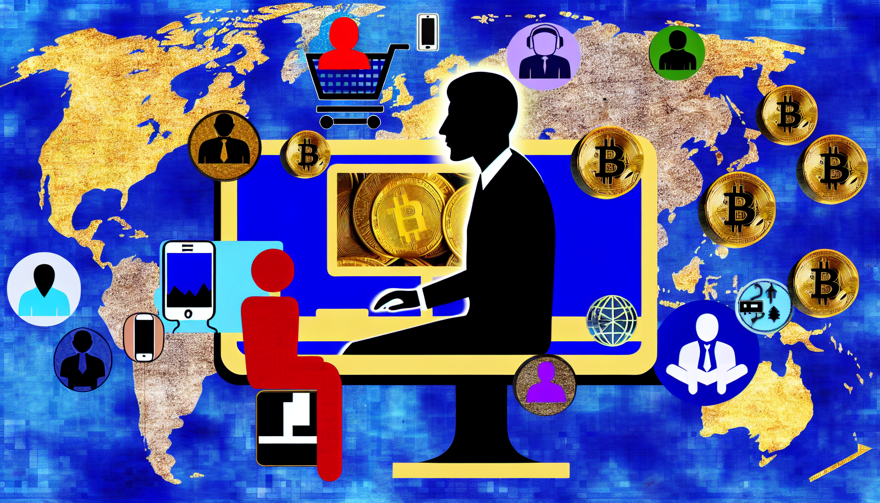 Ein Collage-Bild, das das Konzept des Geldverdienens im Internet veranschaulicht. Um dies darzustellen, sollten verschiedene Elemente enthalten sein, wie: eine menschliche Silhouette, die an einem Computer sitzt, wobei jede von unterschiedlichen Abstammungen ist, wie dem Nahen Osten, Kaukasiern und Südasien. Das Geschlecht der Silhouette wechselt in jeder Darstellung, wie männlich, weiblich und nicht-binär. Der Computerbildschirm könnte eine Leiste digitaler Währungen wie Bitcoin oder andere Online-Transaktionen zeigen. Rund um diese zentrale Figur sollten kleine, ikonische Symbole verschiedener Online-Geschäfte verstreut sein - ein Einkaufswagen für E-Commerce, ein Handy mit einem Social-Media-Logo für digitales Marketing und ein pixelisierter Füllfederhalter für Blogging. Der Hintergrund des Bildes könnte eine blaue Weltkarte sein, die die weltweite Vernetzung des Internets hervorhebt.