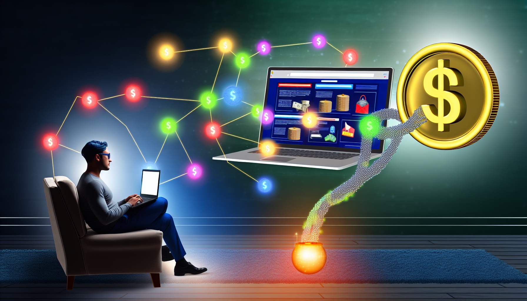 Ein Konzeptbild, das den Prozess des Geldverdienens online durch Affiliate-Marketing zeigt. Die Szene zeigt eine Person, die auf einem Sofa sitzt und mit einem Laptop arbeitet, während sie durch eine bunt gestaltete Website blättert, die verschiedene Produkte bewirbt. Lichtkugeln, die vom Laptop ausgehen, könnten das Verdienstpotenzial symbolisieren. Die Person ist ein asiatischer Mann in seinen 30ern. Um einen Affiliate-Link darzustellen, könnte eine Kette aus 3D-Dollarzeichen vom Laptop zur nahe schwebenden, riesigen glänzenden Münze führen. In der Ecke des Bildes könnte ein digitaler Zähler steigende Zahlen anzeigen, die den durch Affiliate-Marketing generierten Gewinn darstellen.