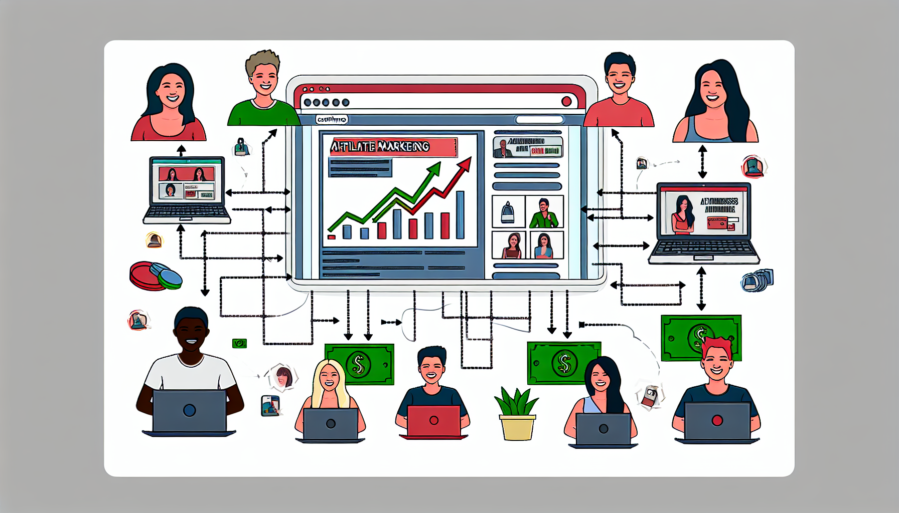 Eine detaillierte Illustration des Affiliate-Marketings als Werkzeug zum Geldverdienen online. Das Bild sollte eine E-Commerce-Website mit verschiedenen Produkten auf dem Bildschirm darstellen. Daneben sollten verschiedene Grafiken in unterschiedlichen Größen angezeigt werden, die wachsende Verkaufszahlen anzeigen. Es sollten mehrere Verbindungen dargestellt werden, die die E-Commerce-Website mit verschiedenen Blogger-Websites verknüpfen, die als Miniaturfenster mit Artikeln, Vlogs usw. gezeigt werden. Fotos von Menschen, die Freude zeigen, während sie das Wachstum ihres Affiliate-Einkommens auf ihren Laptops überprüfen, sollten ebenfalls enthalten sein. Alle dargestellten Personen sollten unterschiedlicher Abstammung sein, einschließlich Kaukasiern, Schwarzen, Hispanics usw., und verschiedenen Geschlechtern.