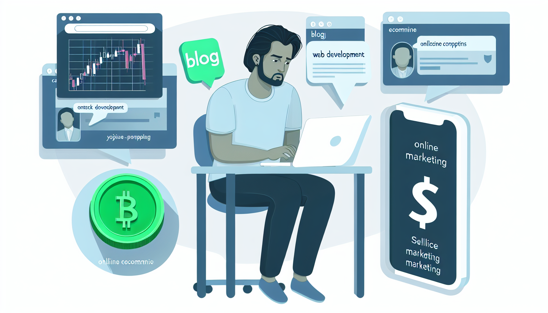 Ein illustriertes Konzept verschiedener Möglichkeiten, im Internet Geld zu verdienen. Zeigen Sie einen Mann mittlerer östlicher Abstammung, der an einem Desktop-Computer sitzt und eifrig tippt. Er ist auf Webentwicklung konzentriert, dargestellt durch ein Website-Design auf einem Bildschirm. Auf einem anderen Bildschirm ist ein Aktienmarkt-Chart zu sehen, das möglicherweise auf den Handel hinweist. Neben ihm liegt ein Telefon, das eine beliebte eCommerce-Website für Litecoin anzeigt, die für Online-Shopping oder eine Verkaufsplattform steht. Hinter dieser Szene sind konzeptionelle Illustrationen wie ein Blog-Icon, ein Social-Media-Icon und digitale Anzeigen dargestellt, um Content-Erstellung, Influencer-Marketing usw. zu repräsentieren.