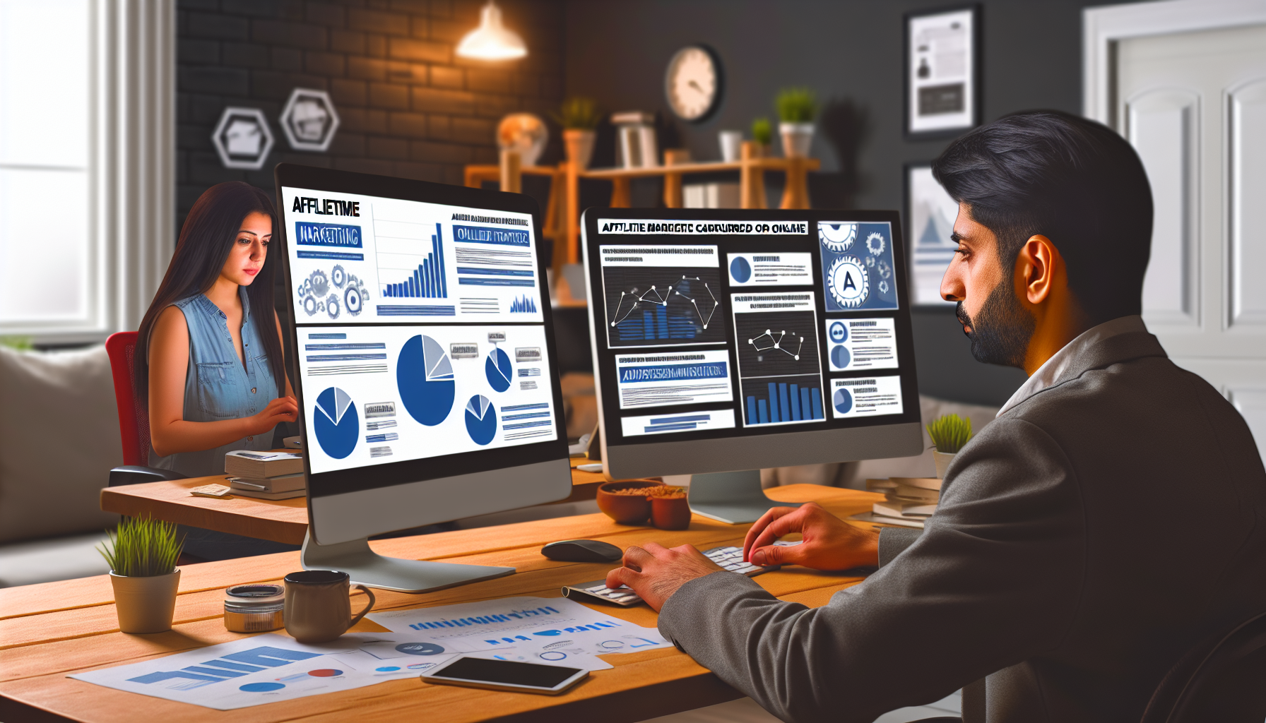 Visualisierung der strategischen Praktiken im Affiliate-Marketing, die online zum monetären Gewinn durchgeführt werden. Die Szene zeigt einen Mann aus dem Nahen Osten an einem Computer in einem Home-Office, der sich auf eine infographic-ähnliche Darstellung des Webtraffics, der Platzierung von Online-Werbung und der Analyse der Klickrate konzentriert. Eine hispanische Frau ist ebenfalls zu sehen, die ein digitales Tablet hält, auf dem Leistungskennzahlen und Analyse-Diagramme angezeigt werden. Im Hintergrund ist ein gut organisiertes, gemütliches Arbeitsumfeld zu sehen, das mit zusätzlichen technologischen Werkzeugen ausgestattet ist und die moderne Atmosphäre des digitalen Marketings symbolisiert.