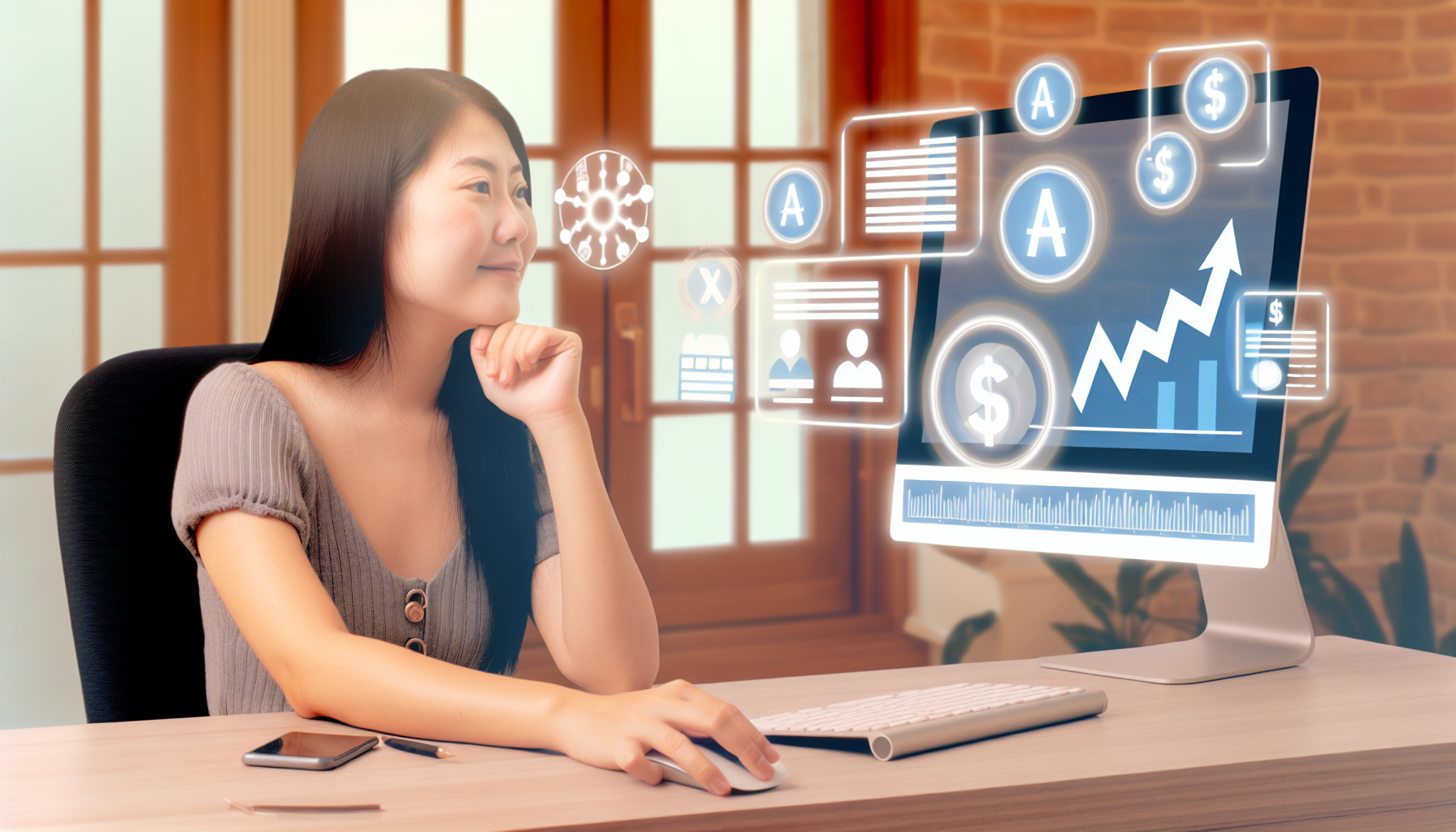 Eine visuelle Darstellung einer Person, die erfolgreich Affiliate-Marketing als Methode zur Online-Einkommensgenerierung nutzt. Diese Szene zeigt eine entspannte Frau asiatischer Abstammung, die an ihrem Schreibtisch sitzt. Sie überprüft ihren Fortschritt im Affiliate-Marketing auf ihrem Computerbildschirm, der Grafiken und Statistiken anzeigt. In der Nähe befinden sich Währungssymbole, die ihre Einnahmen anzeigen. Der Hintergrund vermittelt eine Home-Office-Umgebung mit einer warmen und gemütlichen Atmosphäre.
