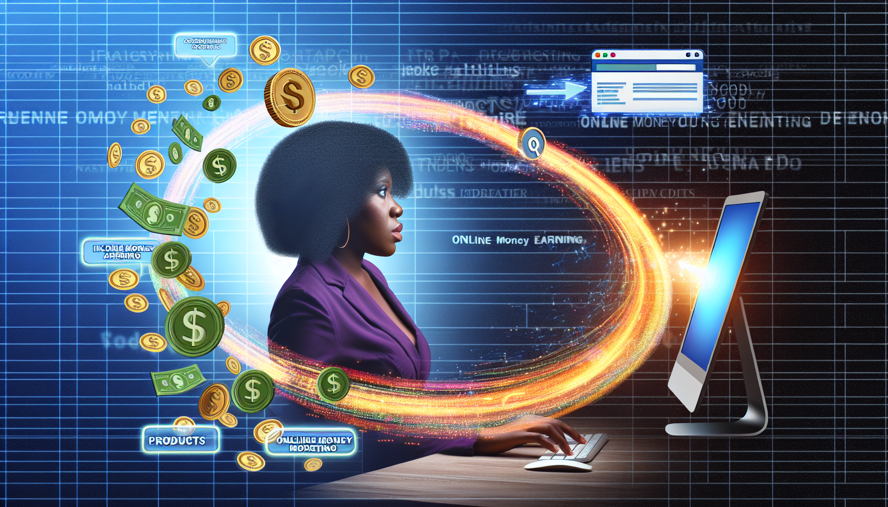 Eine dynamische Momentaufnahme des Konzepts des Affiliate-Marketings. In der Mitte befindet sich eine afrikanische Affiliate-Marketerin, die an ihrem Computer beschäftigt ist, ansprechende Inhalte zu erstellen, um Produkte zu bewerben. Websites und Social-Media-Logos schweben in der Nähe, die die digitalen Plattformen symbolisieren, die sie nutzt. Ein Fluss von Münzen wird dargestellt, der spiralförmig von einem 'Produkte'-Symbol zu ihr fließt und die Einnahmen darstellt, die sie mit jedem Klick und Kauf über ihre Affiliate-Links erzielt. Internetsignale strahlen von ihrem Computer aus und zeigen ihre Reichweite und ihren Einfluss online an. Das Motto 'Online Geld verdienen' ist fett darüber geschrieben.