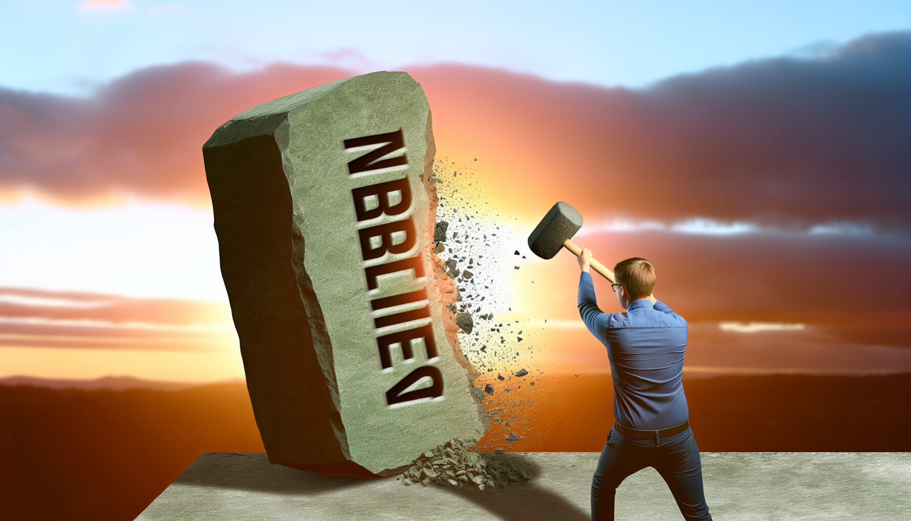Eine visuelle Darstellung des Konzepts des Schuldenabbaus könnte eine Person zeigen, die methodisch an einem großen Steinblock arbeitet, der mit dem Wort 'Schulden' geprägt ist. Die Person sollte konzentriert und entschlossen wirken, um ihr Engagement für die Bewältigung des Problems zu demonstrieren. Der Hintergrund könnte einen Sonnenuntergang zeigen, der das Ende eines langen Tages oder einer Herausforderung symbolisiert.