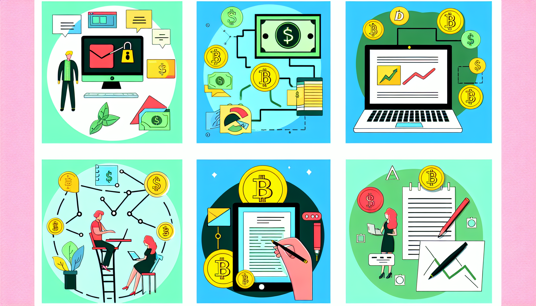 Illustration verschiedener Möglichkeiten, im digitalen Zeitalter Geld zu verdienen, wie zum Beispiel das Erstellen und Verkaufen digitaler Produkte online, Investieren in Online-Aktien, das Schreiben und Pflegen eines beliebten Blogs sowie freiberufliche Tätigkeiten wie Programmierung oder Grafikdesign. Fügen Sie eine visuelle Darstellung eines Laptops, einer Website und ein Symbol für digitale Währungen hinzu.