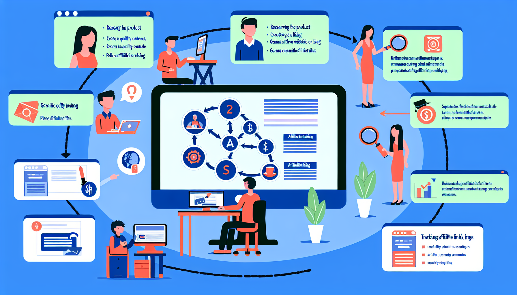 Eine visuell ansprechende Infografik, die verschiedene Schritte zur Geldverdienung online durch Affiliate-Marketing veranschaulicht. Das Bild zeigt einen Computer mit einer Website auf dem Bildschirm, der zeigt, wie man verschiedene Affiliate-Marketing-Strategien nutzen kann. Icons stellen verschiedene Phasen dar, wie die Recherche des Produkts, das Erstellen einer Website oder eines Blogs, das Generieren von qualitativ hochwertigem Inhalt, das Platzieren von Affiliate-Links und das Verfolgen des Erfolgs. Einige Personen unterschiedlicher Geschlechter und Herkunft interagieren mit dem Computer, was die globale Reichweite dieses Vorhabens weiter verdeutlicht.