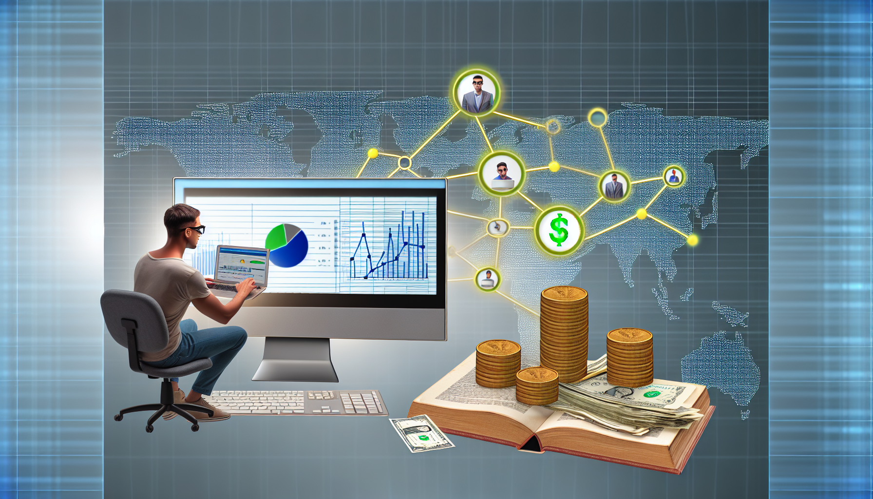 Eine detaillierte Darstellung, wie man online Geld mit Affiliate-Marketing verdienen kann. Das Bild sollte einen Computerbildschirm zeigen, der Statistiken und Grafiken darstellt, die das Wachstum der Online-Verkäufe repräsentieren. Außerdem sollte ein kaukasischer männlicher Marketer zu sehen sein, der diese Daten mit modernen digitalen Werkzeugen analysiert. Im Hintergrund sollten Netzwerkverbindungen angezeigt werden, die die Affiliate-Beziehungen symbolisieren. Münzen und Banknoten sollen den durch Affiliate-Programme erzielten Umsatz darstellen. Einige Bücher über digitales Marketing sollten herumliegen, um kontinuierliches Lernen zu repräsentieren.