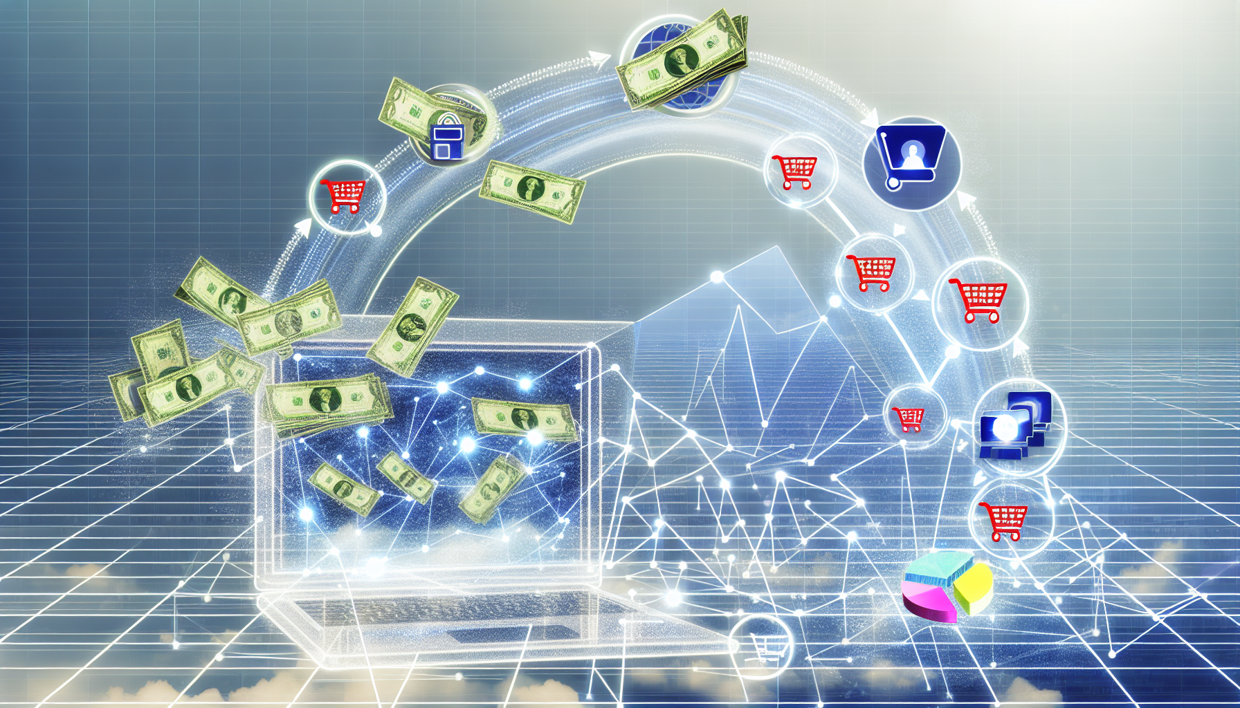 Erstellen Sie ein Bild, das das Konzept des Geldverdienens online durch Affiliate-Marketing darstellt. Zeigen Sie eine digitale Landschaft mit verschiedenen Symbolen des Internets, E-Commerce und Marketings. Fügen Sie detaillierte Darstellungen von Geld hinzu, das frei aus dem Bildschirm eines Laptops fließt, um Online-Einnahmen zu symbolisieren, ein Labyrinth von Hyperlinks, die transparent mit Einkaufswagen verbunden sind, um Affiliate-Netzwerke darzustellen, sowie Tortendiagramme und Balkendiagramme, die das Wachstum der Einnahmen demonstrieren. Dieses Konzept ist in einer modernen, digitalen Ästhetik gehalten.