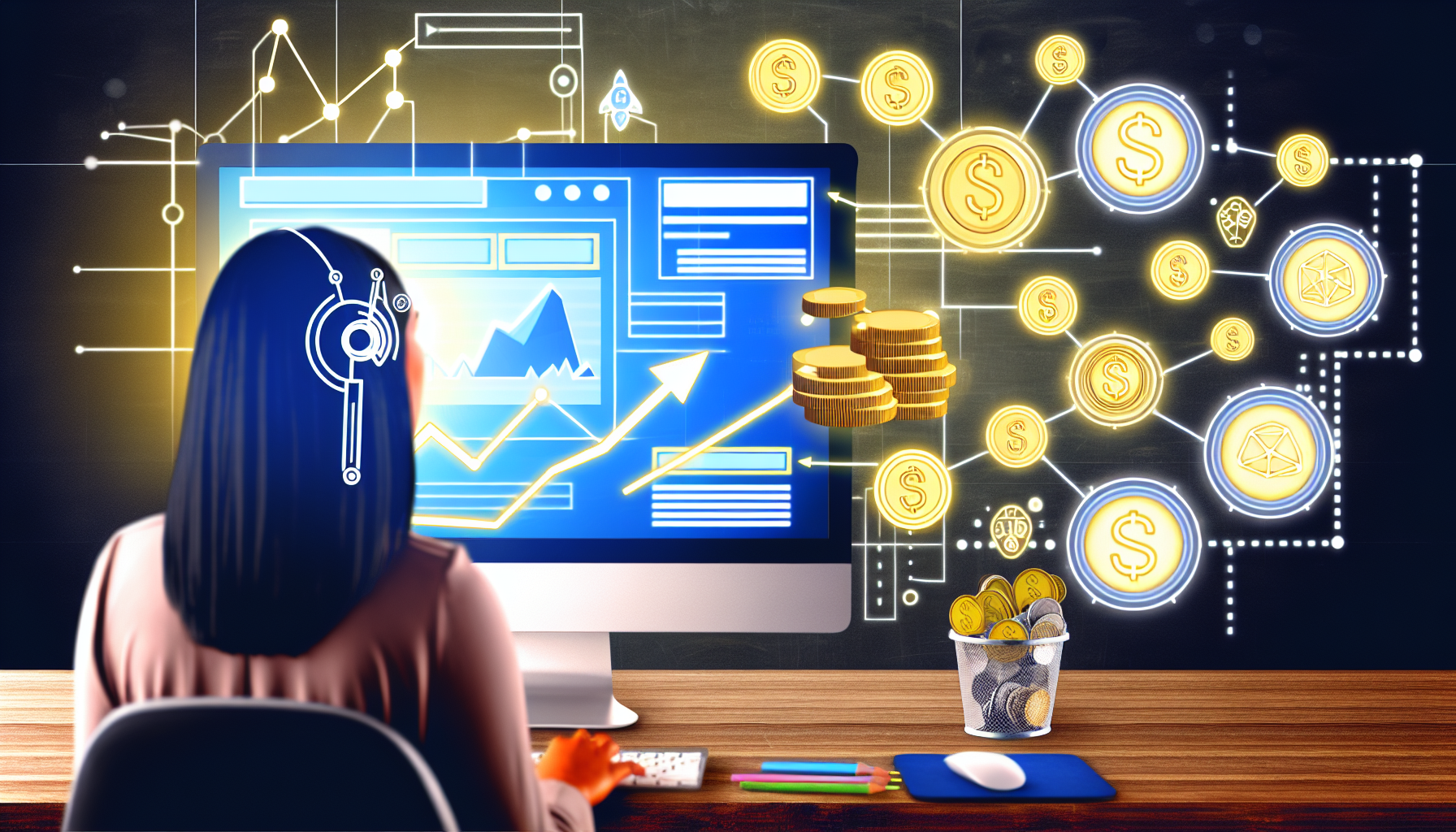 Visuelle Darstellung des Online-Geldverdienens durch Affiliate-Marketing. Zeigen Sie einen Computerbildschirm, der Diagramme, Grafiken und Symbole darstellt, die Affiliate-Marketing repräsentieren. Inkludieren Sie Klicks, die zu verschiedenen Seiten führen, während digitale Münzen fließen. Stellen Sie eine hispanische Frau dar, die den Prozess an ihrem Computer überwacht. Verleihen Sie der Szene ein Gefühl des Erfolgs, indem die Münzen ein aufsteigendes Diagramm bilden, das Wachstum und Gewinn symbolisiert.