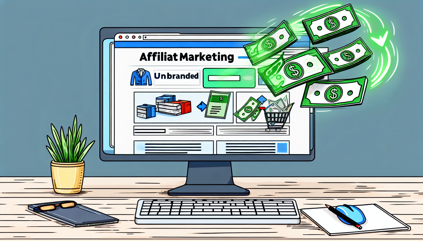 Eine detaillierte Illustration, die das Konzept des Geldverdienens online durch Affiliate-Marketing darstellt. Sie könnte einen Computerbildschirm zeigen, auf dem eine Webseite zu sehen ist, auf der ein Affiliate-Marketer verschiedene unmarkierte Produkte bewirbt. Dollar-Scheine könnten aus dem Computerbildschirm fliegen, was das Verdienstpotenzial des Affiliate-Marketings symbolisiert. Die Umgebung könnte ein Homeoffice sein, ausgestattet mit alltäglichen Gegenständen wie einer Tasse Kaffee und einem Notizblock, was auf den Komfort des Arbeitens von zu Hause hinweist.