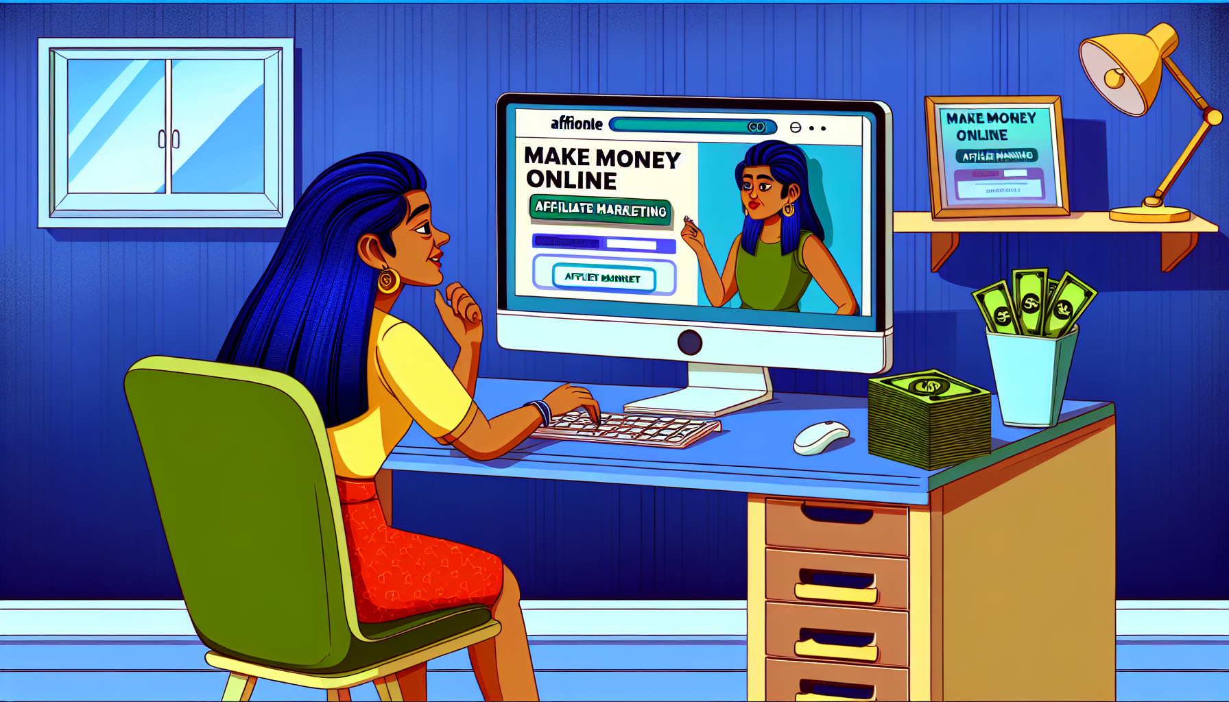 Eine illustrierte Szene, die das Konzept des Geldverdienens online durch Affiliate-Marketing darstellt. Das lebendige Bild sollte eine Person südasiatischer Abstammung, vorzugsweise weiblich, zeigen, die an einem Schreibtisch in einem modernen, aufgeräumten Homeoffice sitzt. Der Computerbildschirm sollte eine Webseite mit dem Thema „Geld online verdienen“ und Grafiken zum Affiliate-Marketing anzeigen. Auf der anderen Seite des Schreibtisches sollte ein kleiner Stapel physischer Dollarnoten als Symbol für den Gewinn liegen. Sie sollte konzentriert, aber glücklich aussehen, was ihren Erfolg in diesem Vorhaben anzeigt.