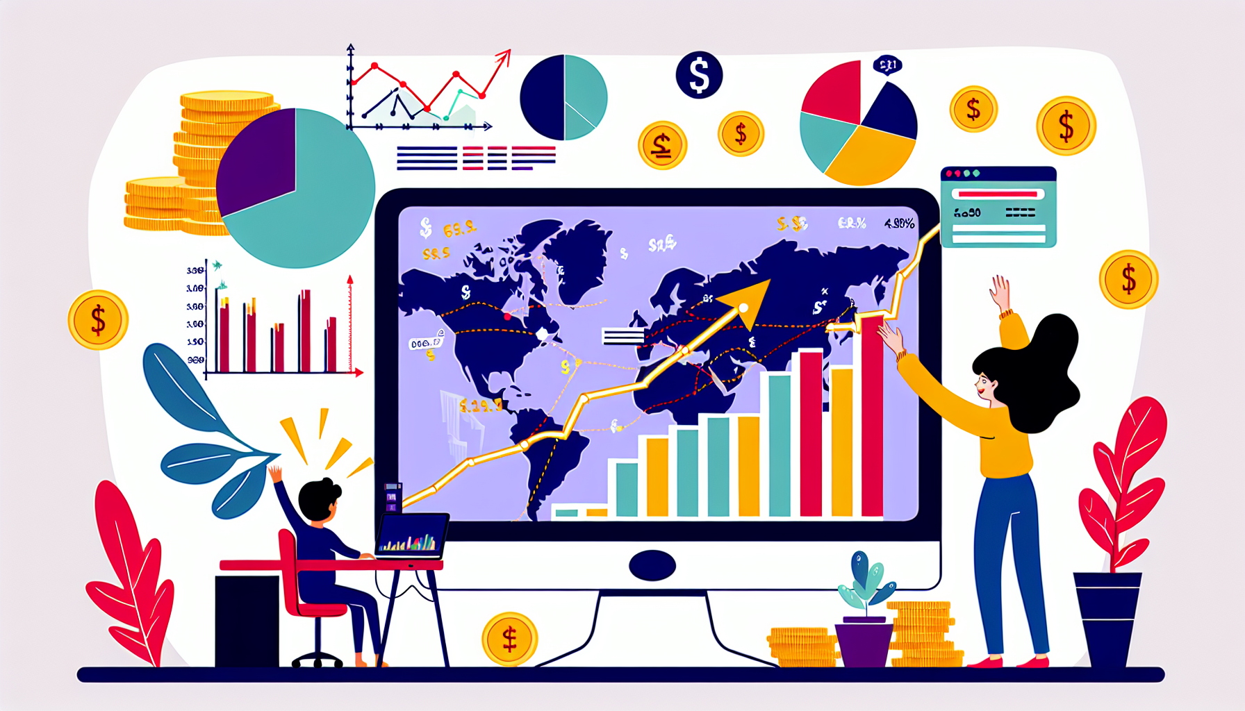 Eine illustrative Darstellung des Geldverdienens online durch Affiliate-Marketing. Die Szene zeigt einen Computerbildschirm mit Balkendiagrammen und Tortendiagrammen, die das Wachstum von Verkäufen und Einnahmen darstellen. Außerdem gibt es eine Weltkarte, die die globale Reichweite des Unternehmens nachzeichnet. Verschiedene Währungssymbole schweben durch die Szene und heben die globale Natur des Geschäfts hervor. Neben dem Computer beobachtet eine Person südasiatischer Abstammung, unabhängig vom Geschlecht, begeistert die Zahlen. Sie befinden sich in einem Homeoffice-Umfeld, das auf eine Arbeit von zu Hause hinweist.