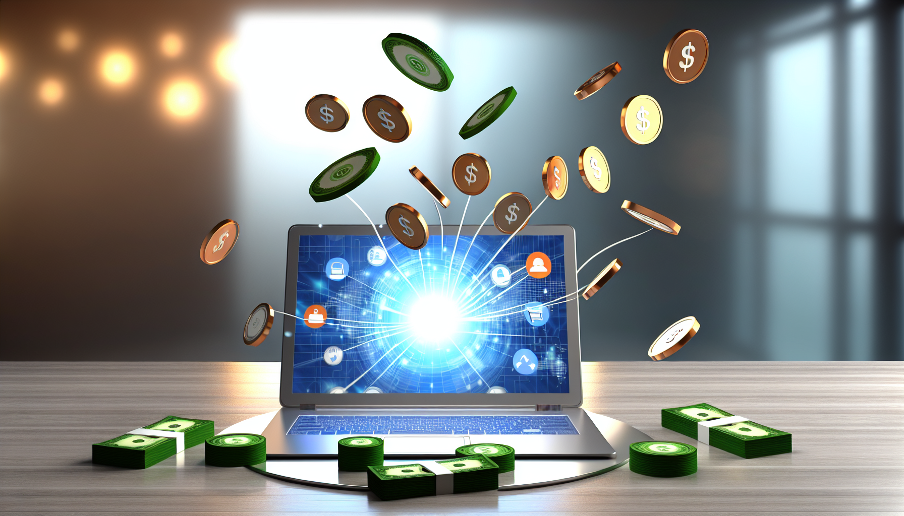 Ein Bild, das das Konzept des Geldverdienens online darstellt. Im Zentrum des Bildes befindet sich ein moderner Laptop mit einem beleuchteten Bildschirm, der verschiedene Internet-Icons zeigt, was die Nutzung des Internets impliziert. Mehrere 3D-Münzen könnten schwebend auf den Bildschirm zusteuern, wie Blätter im Wind, und symbolisieren so die eingehenden Einnahmen. Rund um den Laptop könnten kleine Stapel physischer Währung platziert werden, die die physische mit der digitalen Welt verbinden. Die Umgebung könnte ein eleganter Holztisch unter sanfter Innenbeleuchtung sein, was eine angenehme und einladende Atmosphäre schafft.