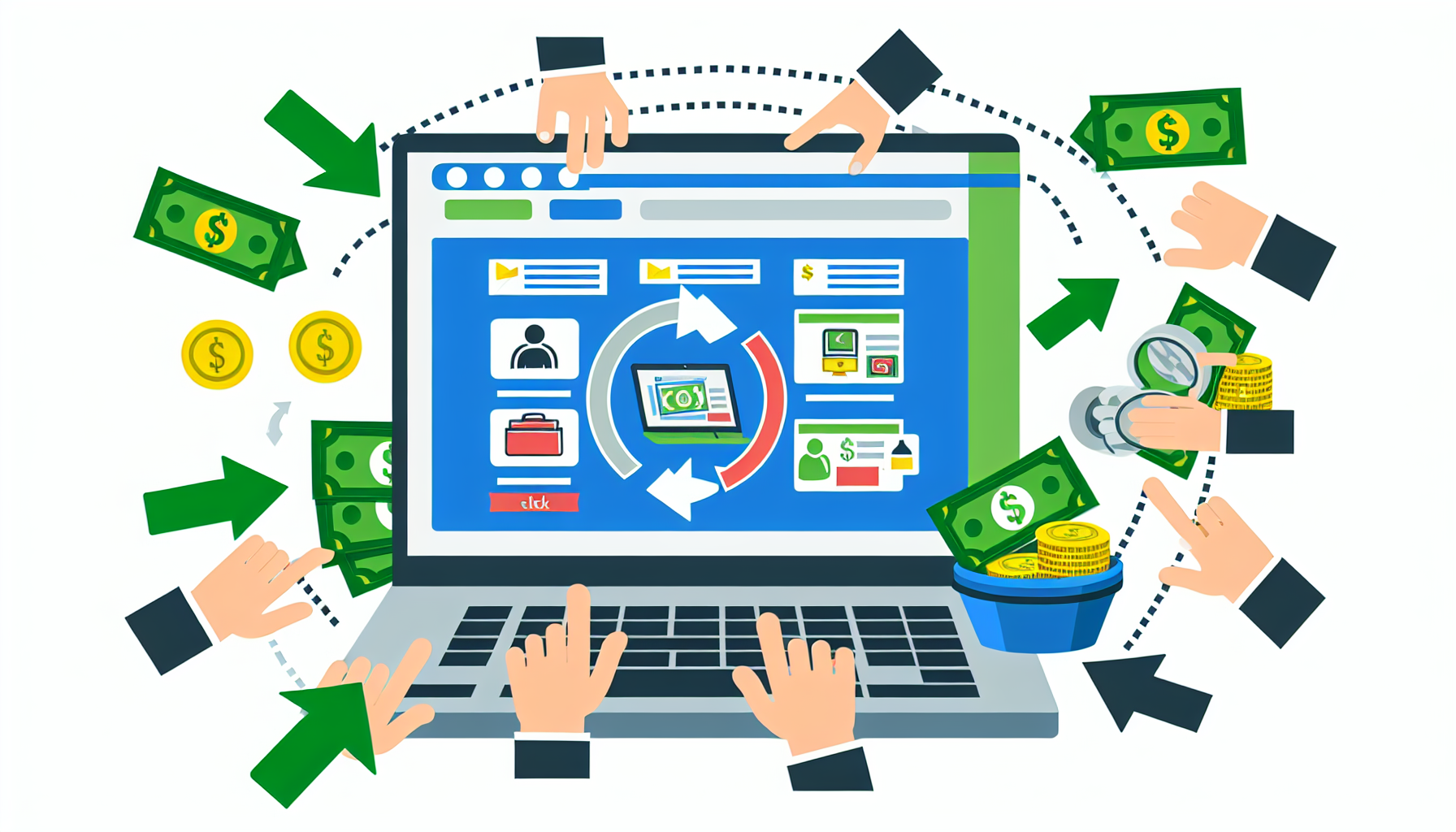 Eine Illustration, die das Konzept des Geldverdienens online durch Affiliate-Marketing veranschaulicht. Zeigen Sie ein digitales Gerät wie einen Laptop, der auf eine Webseite geöffnet ist, die verschiedene Produkte präsentiert. Fügen Sie umgebende Elemente wie Dollar-Scheine oder ein Münzglas hinzu, um die Einnahmengenerierung zu symbolisieren. Veranschaulichen Sie die Klick- und Kaufaktion durch Pfeile oder eine symbolische Grafik. Stellen Sie eine vielfältige Gruppe von Händen dar, die sich dem Laptop nähern und eine Vielzahl von Menschen symbolisieren, die an dieser Aktivität teilnehmen. Die Hauptfarben sollten grün (für Geld), blau (für das Internet) und gold (für Münzen) sein.