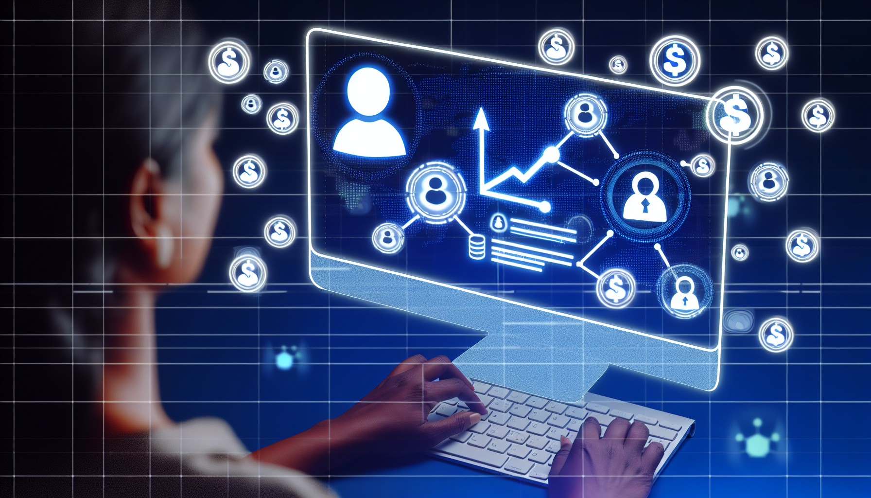 Eine Illustration, die das Konzept des Geldverdienens online durch Affiliate-Marketing zeigt. Das Bild zeigt einen Computerbildschirm, der ein Diagramm darstellt, das Wachstum symbolisiert, sowie eine Reihe von miteinander verbundenen Symbolen, die Online-Netzwerke repräsentieren. Der Bildschirm ist von digitalen Münzen umgeben, die Online-Einnahmen kennzeichnen. Eine Person südasiatischer Abstammung, deren Geschlecht nicht spezifiziert ist, ist zu sehen, wie sie auf einem Laptop tippt, was die Beteiligung am Online-Affiliate-Marketing symbolisiert.