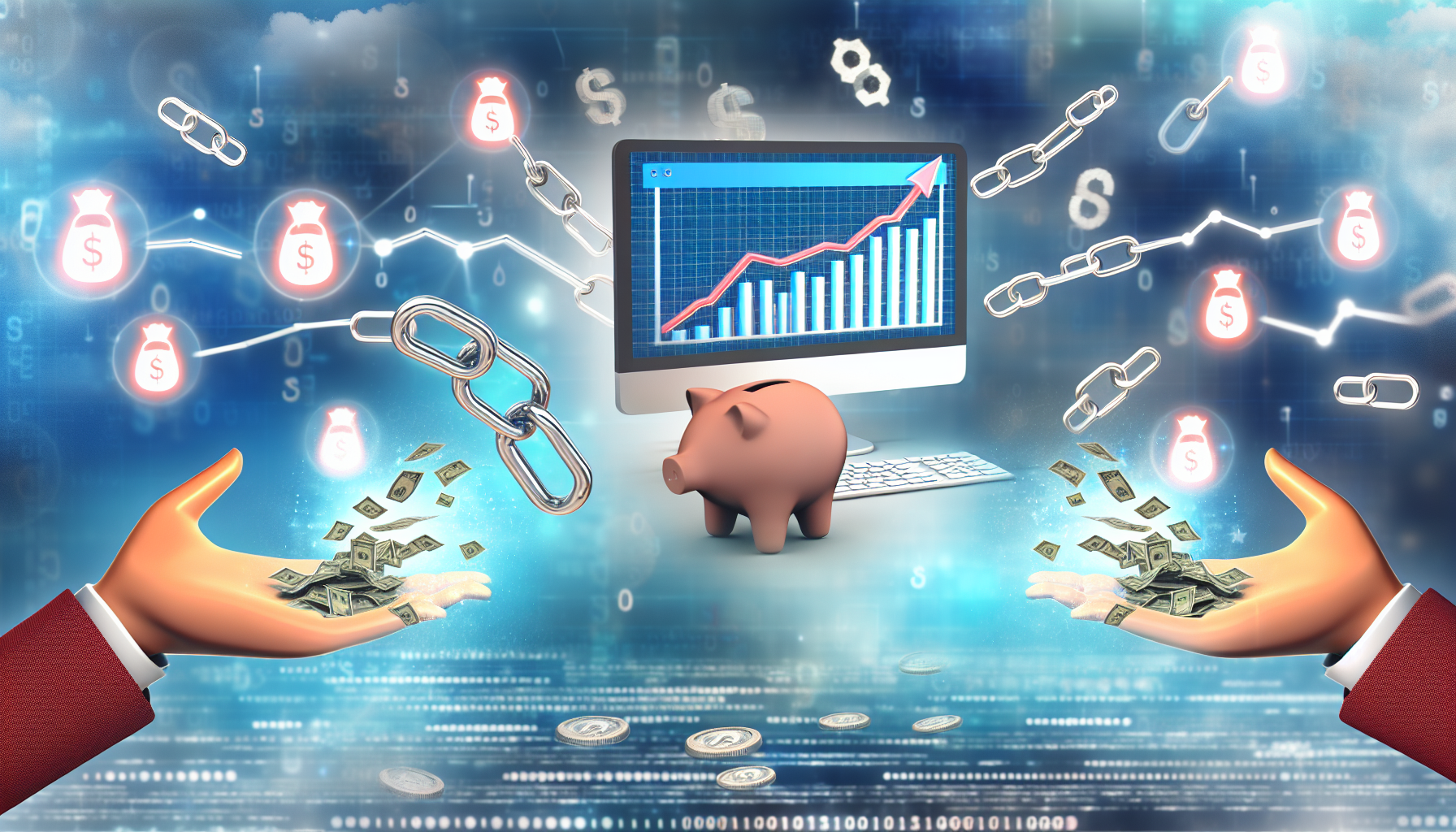 Eine illustrative Darstellung, die das Konzept des Geldverdienens online durch Affiliate-Marketing veranschaulicht. Im Mittelpunkt des Bildes steht ein Computer, der ein Diagramm zeigt, das einen progressiven Gewinnanstieg anzeigt. An den Seiten halten digitale Hände Links, die die Affiliate-Verbindungen symbolisieren. Geldsymbole und Münzen scheinen vom Himmel in eine große Sparschwein am Boden zu fallen. Das Gesamtthema spiegelt eine moderne digitale Landschaft wider und betont die Kraft und das Potenzial der Online-Einkommensgenerierung.
