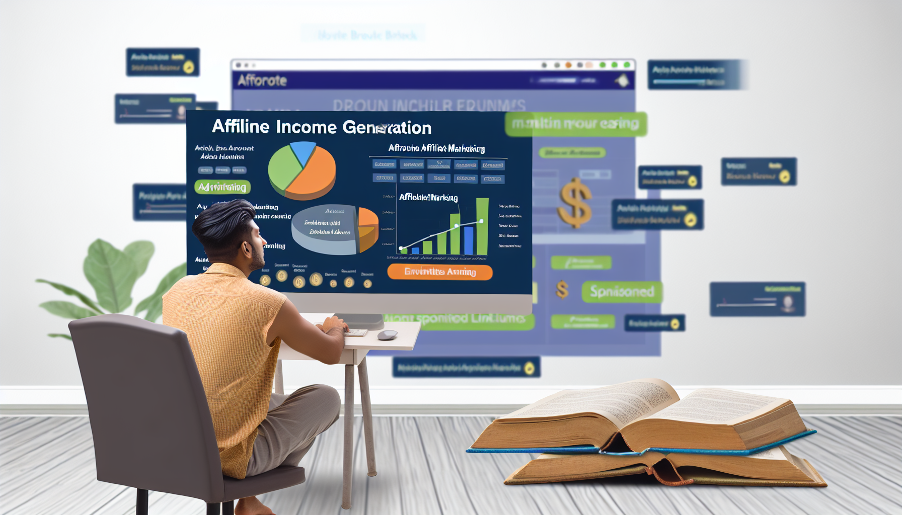 Stellen Sie sich eine Szene vor, in der eine Person südasiatischer Abstammung am Computer sitzt und sich mit der Generierung von Online-Einkommen durch Affiliate-Marketing beschäftigt. Er überwacht seine Einnahmen in Echtzeit auf einem Dashboard einer Website, das Diagramme und Grafiken anzeigt. Neben seinem Computer liegen einige Lehrbücher über Affiliate-Marketing. In die Szene sind Elemente wie Produktmarken, gesponserte Links und Werbebanner integriert, die so angeordnet sind, dass sie die Professionalität und das Engagement der Person für ihre Heimarbeit unterstreichen.