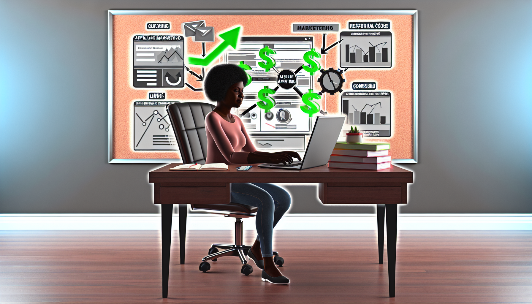 Eine detaillierte Einrichtung eines Home-Office, die den Prozess des Geldverdienens online durch Affiliate-Marketing veranschaulicht. Im Mittelpunkt sitzt eine schwarze Frau an einem modernen Schreibtisch, konzentriert auf ihren Laptop, der eine Website für digitales Marketing zeigt. Neben ihr liegt ein Notizbuch, das mit Marketingstrategien gefüllt ist. An der Wand hinter ihr hängt ein Präsentationsboard, das Leistungskennzahlen und Diagramme zeigt. Um sie herum sind symbolische Elemente des Affiliate-Marketings wie Links, Empfehlungs-Codes und Provisionen, die aus dem Bildschirm ihres Laptops hervortreten und das Wesen des Konzepts verdeutlichen.