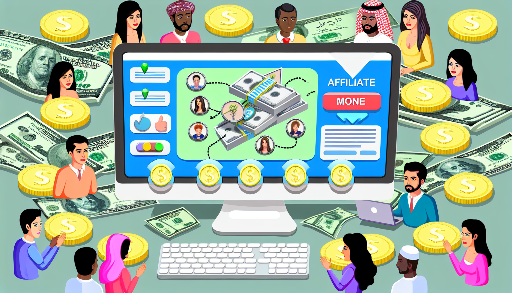Eine ansprechende Illustration, die das Konzept des Online-Affiliate-Marketings zur Geldverdienung darstellt. Die Szene zeigt einen Computerbildschirm, der eine Website anzeigt, mit interaktiven Schaltflächen, die auf die Affiliate-Links hinweisen. Neben dem Computer befinden sich Stapel von Münzen und Geldscheinen, die das Einkommen aus diesem Vorhaben repräsentieren. Eine vielfältige Gruppe von Personen, darunter ein Mann aus dem Nahen Osten und eine hispanische Frau, ist zu sehen, wie sie eifrig auf die Seite klicken und interagieren, was auf ihr aktives Engagement im Affiliate-Marketing hinweist.