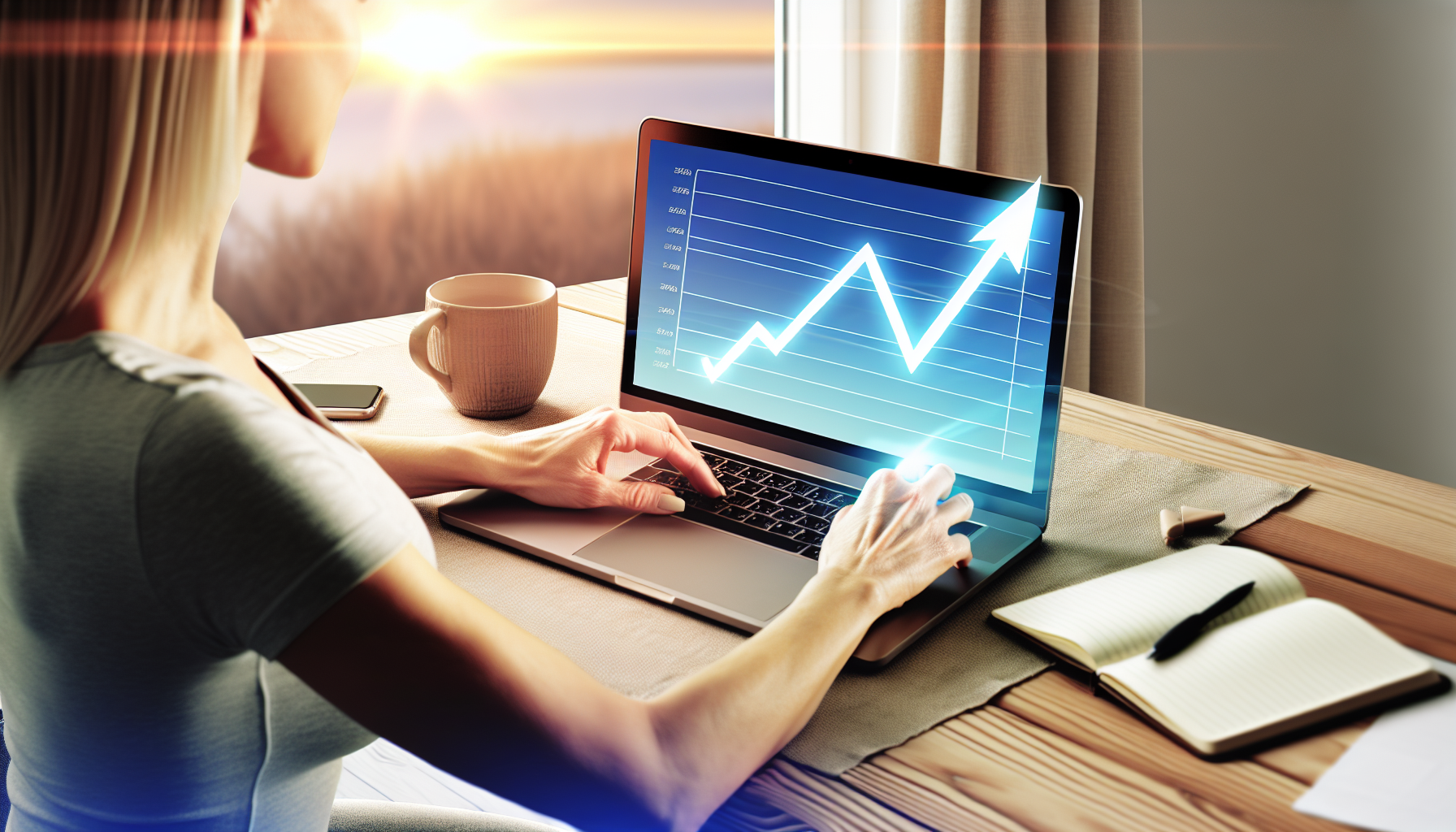Stellen Sie ein Konzept dar, das das Geldverdienen im Internet veranschaulicht. Zeigen Sie eine kaukasische Frau, die an einem Holztisch in einem gemütlichen Homeoffice sitzt. Sie benutzt ihren eleganten silbernen Laptop, ihre Finger tippen schnell. Auf dem Bildschirm ist ein Diagramm zu sehen, das einen Aufwärtstrend zeigt und steigende Gewinne symbolisiert. Fügen Sie Elemente wie eine Kaffeetasse und einen Notizblock in der Nähe hinzu, um die häusliche Umgebung zu betonen. Der Raum sollte ein Fenster haben, durch das man einen wunderschönen Sonnenaufgang sehen kann, was den Beginn eines produktiven Tages andeutet.