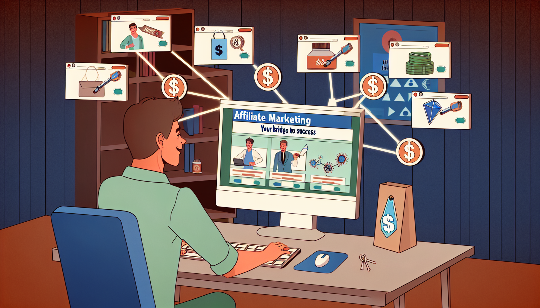 Visualisieren Sie eine Szene, die das Online-Geldverdienen durch Affiliate-Marketing darstellt. Wir sehen einen Computerbildschirm, der verschiedene Produktikonen aus unterschiedlichen Branchen anzeigt. Es gibt Links, die jedes Produkt mit einem Dollarsymbol verbinden, was die finanziellen Einnahmen darstellt. Neben dem Computer studiert ein Charakter, ein kaukasischer Mann mit kurzen braunen Haaren, aufmerksam den Bildschirm, ein stolzes Lächeln auf seinem Gesicht, während er sieht, wie seine Einnahmen wachsen. Ein schwebender Text darüber liest: 'Affiliate-Marketing - Ihre Brücke zum Erfolg'. Die Umgebung um den Computer zeigt ein gemütliches Homeoffice und betont die Möglichkeit, von zu Hause aus Geld zu verdienen.