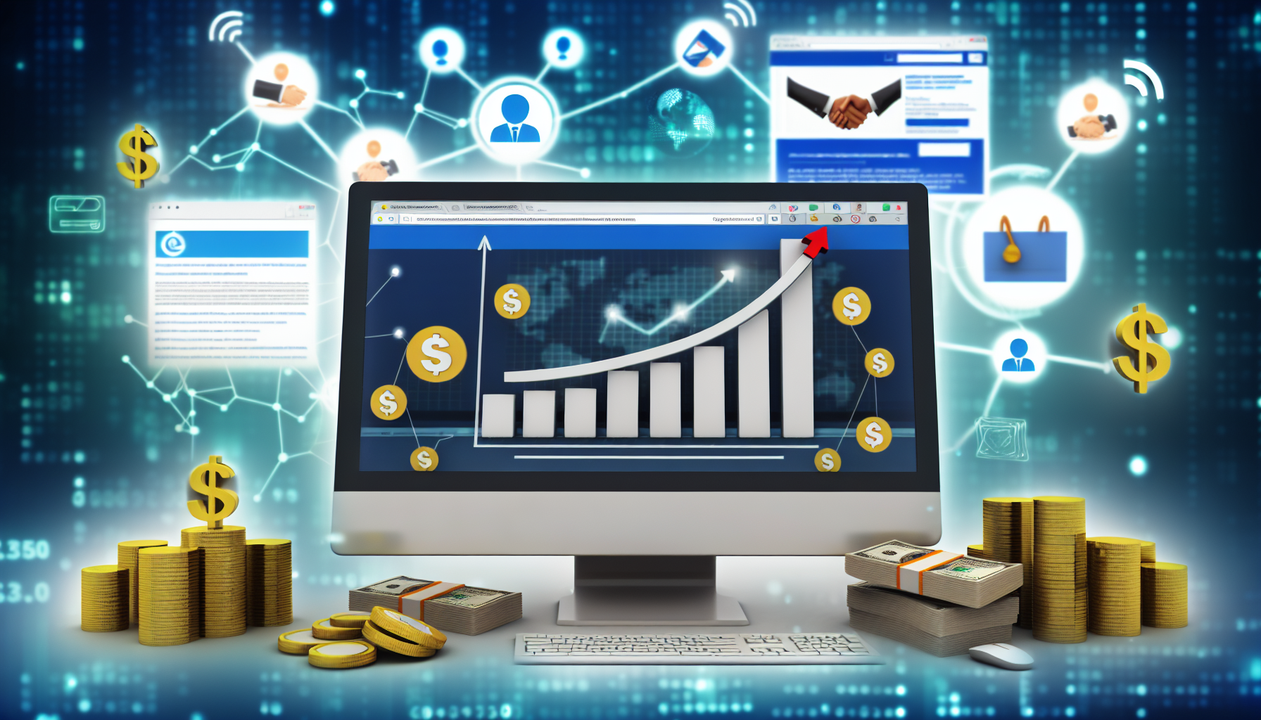 Eine visuelle Darstellung des Geldverdienens online durch Affiliate-Marketing. Die Szene zeigt einen Computerbildschirm, der ein Balkendiagramm anzeigt, das einen Anstieg der Gewinne darstellt. Neben dem Diagramm befindet sich eine Webseite mit verschiedenen Produktanzeigen. Symbole, die Internetverbindungen und Handschläge symbolisieren, schweben um den Monitor und verdeutlichen das Konzept von Partnerschaften. Außerdem liegen Münzhaufen und Geldscheine herum, um die Ergebnisse erfolgreichen Affiliate-Marketings zu betonen.