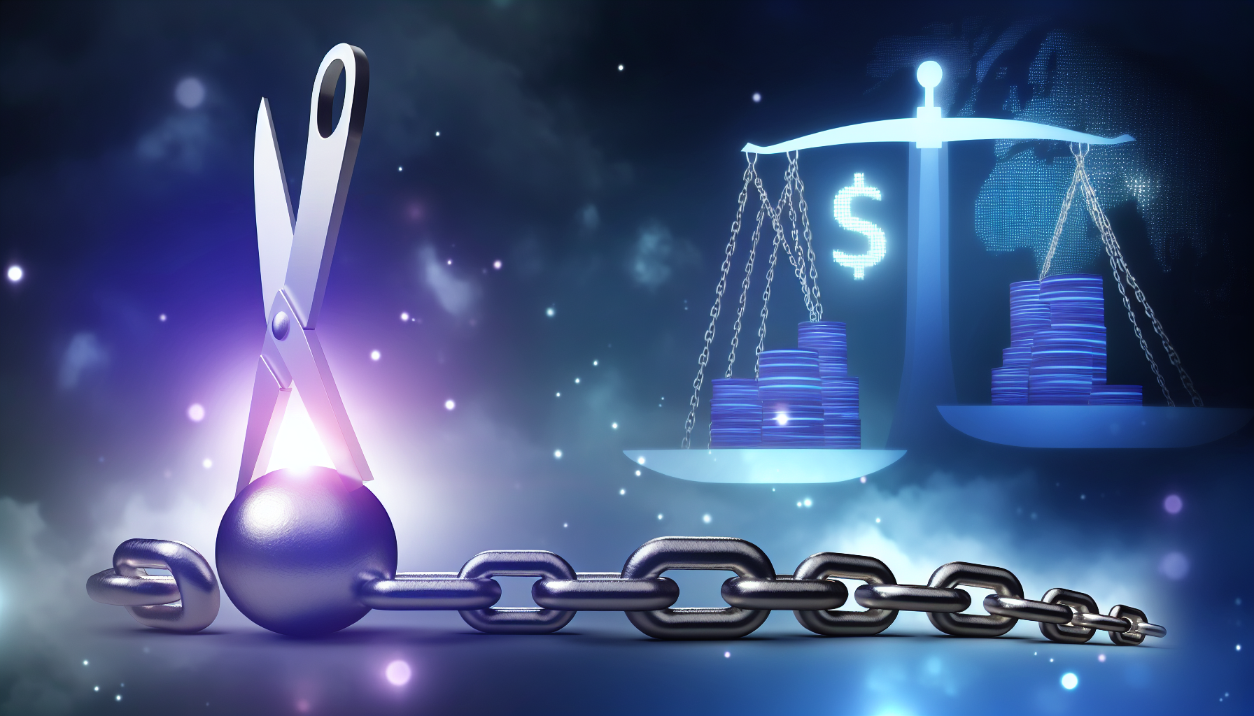 Eine Visualisierung des Konzepts der Schuldenreduzierung, symbolisiert durch eine große metallische Kette, die von riesigen Scheren durchtrennt wird, wobei jedes Glied in der Kette eine Schuld darstellt. Im Hintergrund ist eine große, drohende Figur einer digitalisierten Waage zu sehen, die sinkende Geldbeträge anzeigt. Die Atmosphäre strahlt ein optimistisches Licht aus, das die Idee von Erleichterung, Fortschritt und finanzieller Freiheit vermittelt.