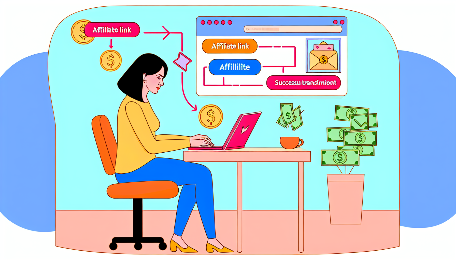 Illustration eines Online-Geschäftskonzepts mit Affiliate-Marketing. Zeigen Sie eine kaukasische Frau, die an einem Schreibtisch mit einem Laptop sitzt und auf einen 'Affiliate-Link' klickt, der auf ihrem Bildschirm angezeigt wird. Neben ihr sollte ein Flussdiagramm dargestellt werden, das den Prozess der Kundenweiterleitung von ihrer Seite zu einem Online-Shop darstellt. Fügen Sie viele Benachrichtigungen über erfolgreiche Transaktionen hinzu, die Gewinne auf ihrem Bildschirm symbolisieren. Verwenden Sie lebendige Farben und einen einfachen Linienstil.