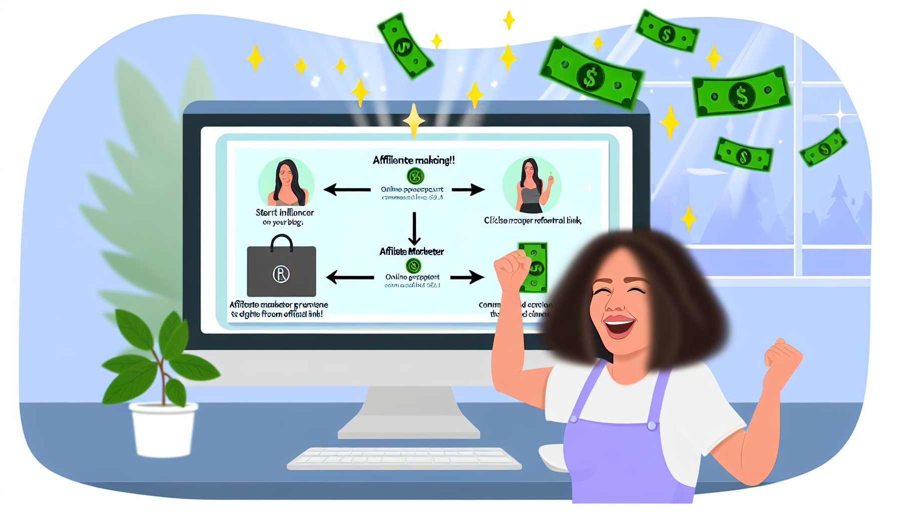 Stellen Sie sich ein Konzept des Online-Geldverdienens durch Affiliate-Marketing vor. Die Szene zeigt einen Computerbildschirm, der ein Flussdiagramm präsentiert, das den Prozess erklärt. Zunächst sieht man einen Influencer, der ein Produkt auf seinem Blog bewirbt. Daraufhin klickt ein Online-Shopper auf den Empfehlungslink des Influencers und kauft schließlich ein Produkt im Online-Shop. Die Affiliate-Marketerin, eine kaukasische Frau, feiert, als sie die Benachrichtigung über ihre Provision auf dem Bildschirm sieht. Virtuelle Münzen und Geldscheine symbolisieren das Einkommen, das auf den Bildschirm herabregnet.