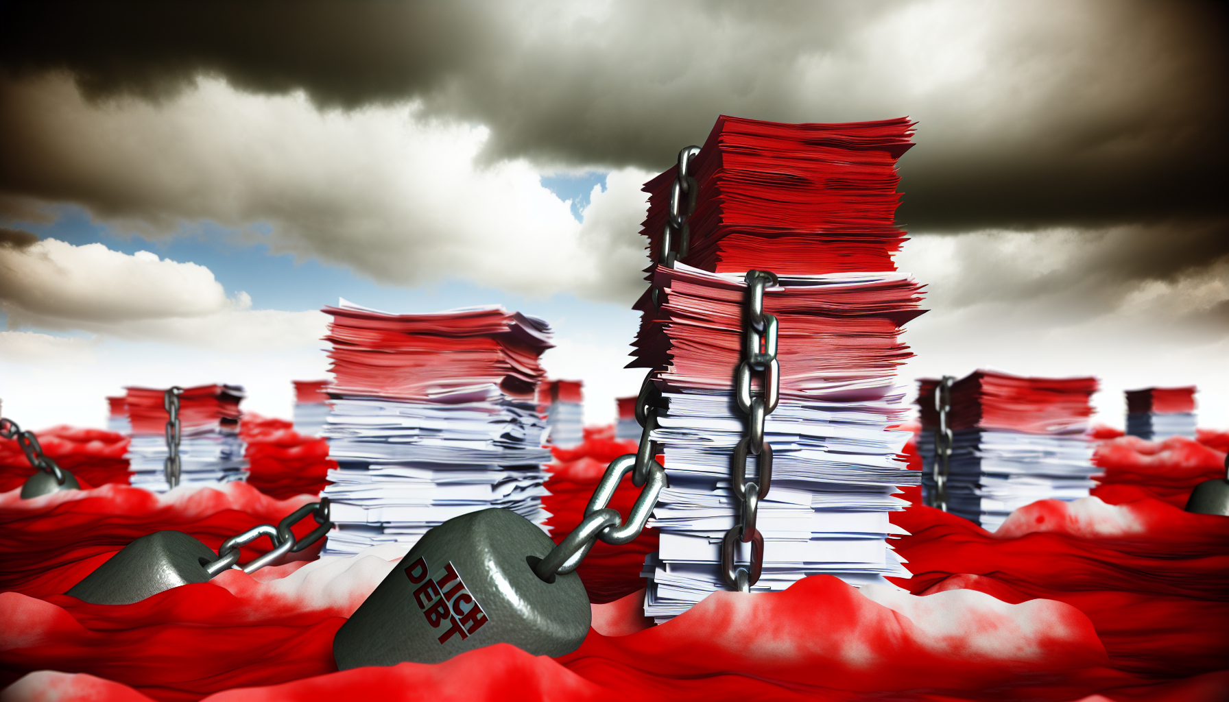 Ein konzeptionelles Bild, das hohe Schulden veranschaulicht. Es zeigt ein weites Meer aus roter Tinte, hohe Stapel von Rechnungen und Quittungen, mit Ketten, die an einem schweren Gewicht befestigt sind und es nach unten ziehen, um unmanageable Schulden zu symbolisieren. Der Hintergrund ist bewölkt und stürmisch, um das Leid und die Schwierigkeiten widerzuspiegeln, die oft mit finanziellen Belastungen verbunden sind.