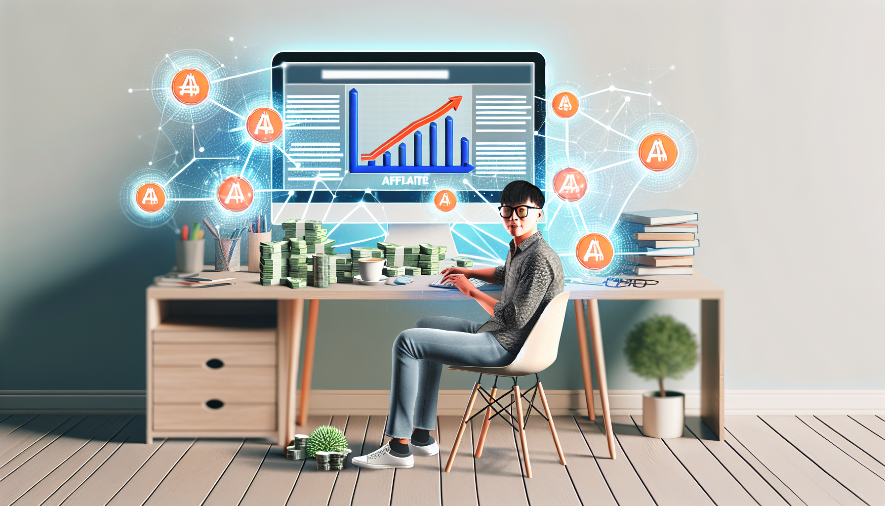 Visuelle Darstellung des Geldverdienens online durch Affiliate-Marketing. Die Szene zeigt eine Person, die an einem modernen Schreibtisch sitzt, mit einem Computerbildschirm, der dynamische Balkendiagramme und ein Netzwerk von miteinander verbundenen Web-Icons anzeigt, die das Affiliate-Marketing symbolisieren. Auf dem Schreibtisch befindet sich auch eine kleine Pflanze, eine Tasse Kaffee und einige Schreibwaren. In der Nähe des Schreibtisches wächst ein Haufen Münzen und Banknoten, der die finanziellen Gewinne aus dem Online-Marketing symbolisiert. Die Person ist ostasiatischer Herkunft, männlich, trägt eine Brille und legere Kleidung. Der Raum hat eine sanfte Beleuchtung und zeigt eine beruhigende Farbpalette.