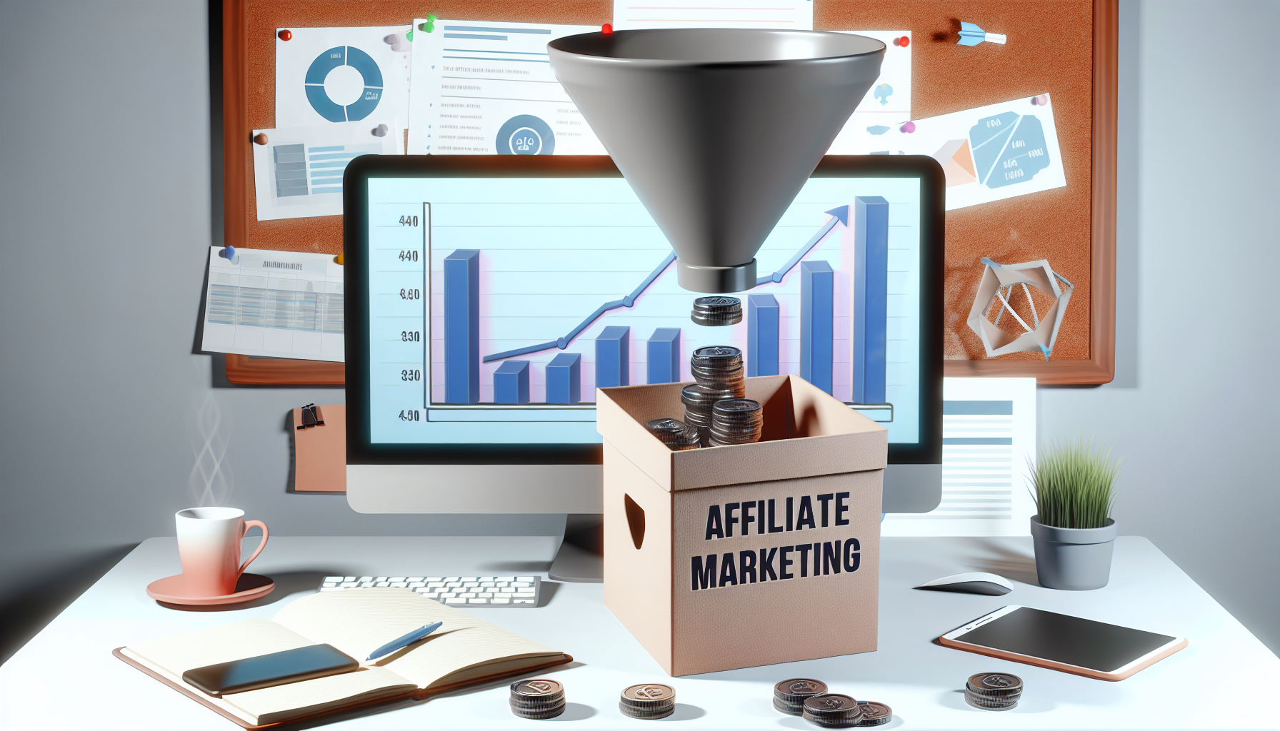 Eine anschauliche Darstellung des Konzepts, online Geld zu verdienen durch Affiliate-Marketing. Stellen Sie sich einen sorgfältig organisierten Arbeitsplatz vor, an dem ein klarer Schreibtisch steht, auf dem ein Computerbildschirm ein Balkendiagramm mit steigenden Kennzahlen anzeigt. Daneben befindet sich auf dem Schreibtisch eine Box mit der Aufschrift 'Affiliate-Marketing'. Münzen strömen kontinuierlich aus einem Trichter darüber in diese Box, der das Internet symbolisiert. Umgebende Elemente könnten ein Notizbuch mit einem schriftlichen strategischen Plan, eine Tasse Kaffee und einige inspirierende Miniaturpflanzen sein. All diese Details vermitteln die Idee einer produktiven und zielorientierten Umgebung.