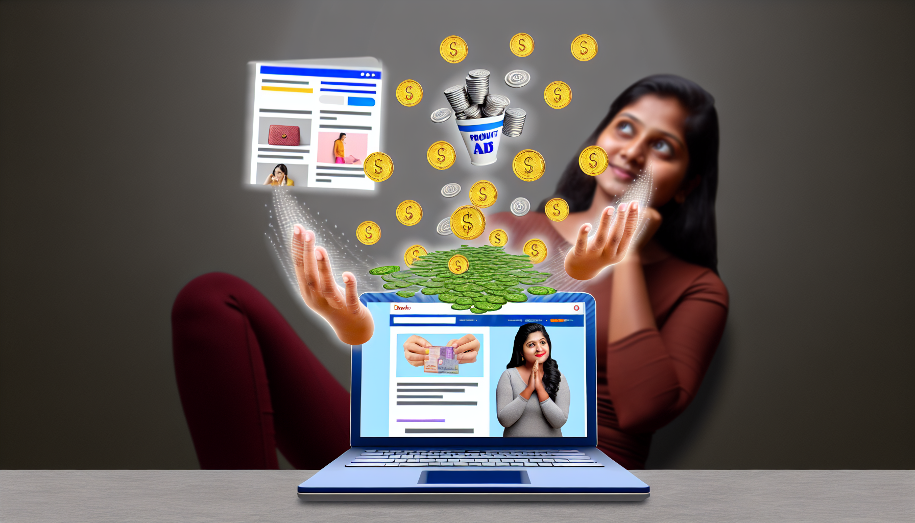 Eine konzeptionelle Illustration, die die Online-Monetarisierung durch Affiliate-Marketing symbolisiert. In der Mitte stellt man sich einen Laptop-Bildschirm vor, der eine Website mit verschiedenen Produktanzeigen zeigt. Münzen strömen aus dem Laptop, was den Umsatz darstellt. Benutzerklicks auf die Produktanzeigen werden als Hände visualisiert, die sich nach den Anzeigen ausstrecken. Im Hintergrund sitzt eine südasianische Frau, die einen zufriedenen Ausdruck zeigt und einen Statistikbericht hält, der ihren Erfolg im Affiliate-Marketing widerspiegelt.