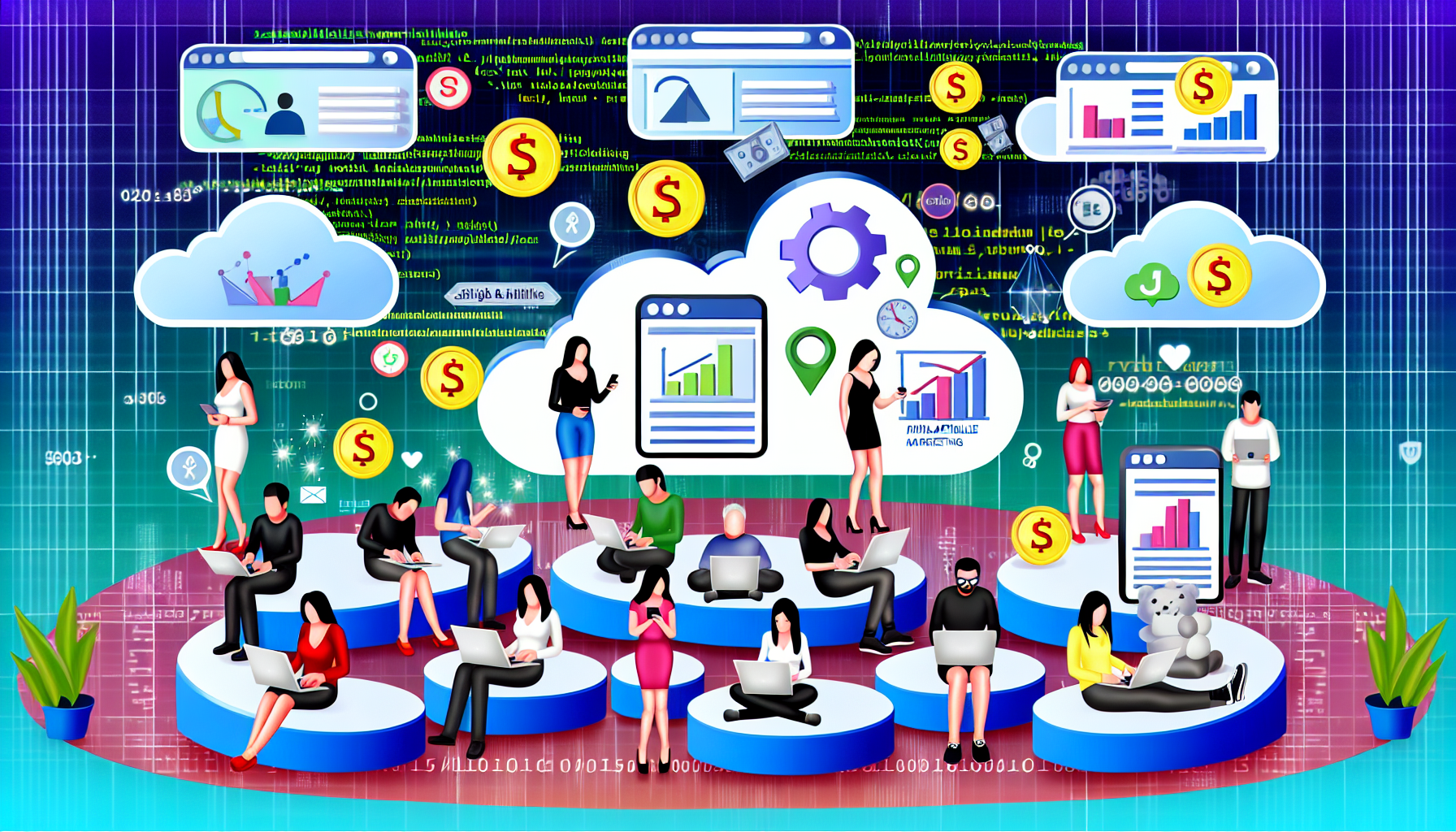 Ein Bild, das den Prozess des Geldverdienens online durch Affiliate-Marketing visualisiert. Die Szene zeigt eine vielfältige Gruppe von Menschen, die verschiedene digitale Geräte wie Laptops und Smartphones nutzen. Jeder von ihnen ist in unterschiedlichen Phasen des Affiliate-Marketings beschäftigt – sie lesen über Produkte, schreiben Bewertungen, teilen Links und verfolgen Statistiken. Über ihnen schwebt eine Wolke, die das Internet symbolisiert, und trägt Schilder mit verschiedenen Währungen, um das verdiente Geld darzustellen. Der Hintergrund zeigt Elemente von Code und Grafiken, die Analysen und Datenverfolgung repräsentieren.