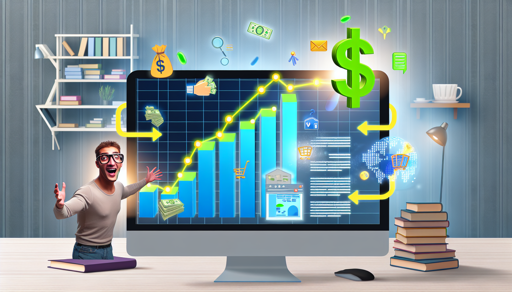 Eine Illustration des Konzepts, online Geld zu verdienen durch Affiliate-Marketing. Das Bild zeigt einen Computer, der ein Balkendiagramm anzeigt, das steigende Gewinne im Laufe der Zeit darstellt und das Wachstumspotenzial des Affiliate-Marketings symbolisiert. Neben dem Computer ist ein kaukasischer Mann mit Brille zu sehen, der begeistert den Fortschritt beobachtet. Verschiedene Symbole, die mit Affiliate-Marketing in Verbindung stehen, wie ein Handschlag, Bargeld, Weblinks und ein Einkaufswagen, schweben in der digitalen Umgebung. Der Hintergrund könnte ein gemütliches Home-Office-Setting darstellen, mit Büchern, einer Lampe und einer Kaffeetasse.