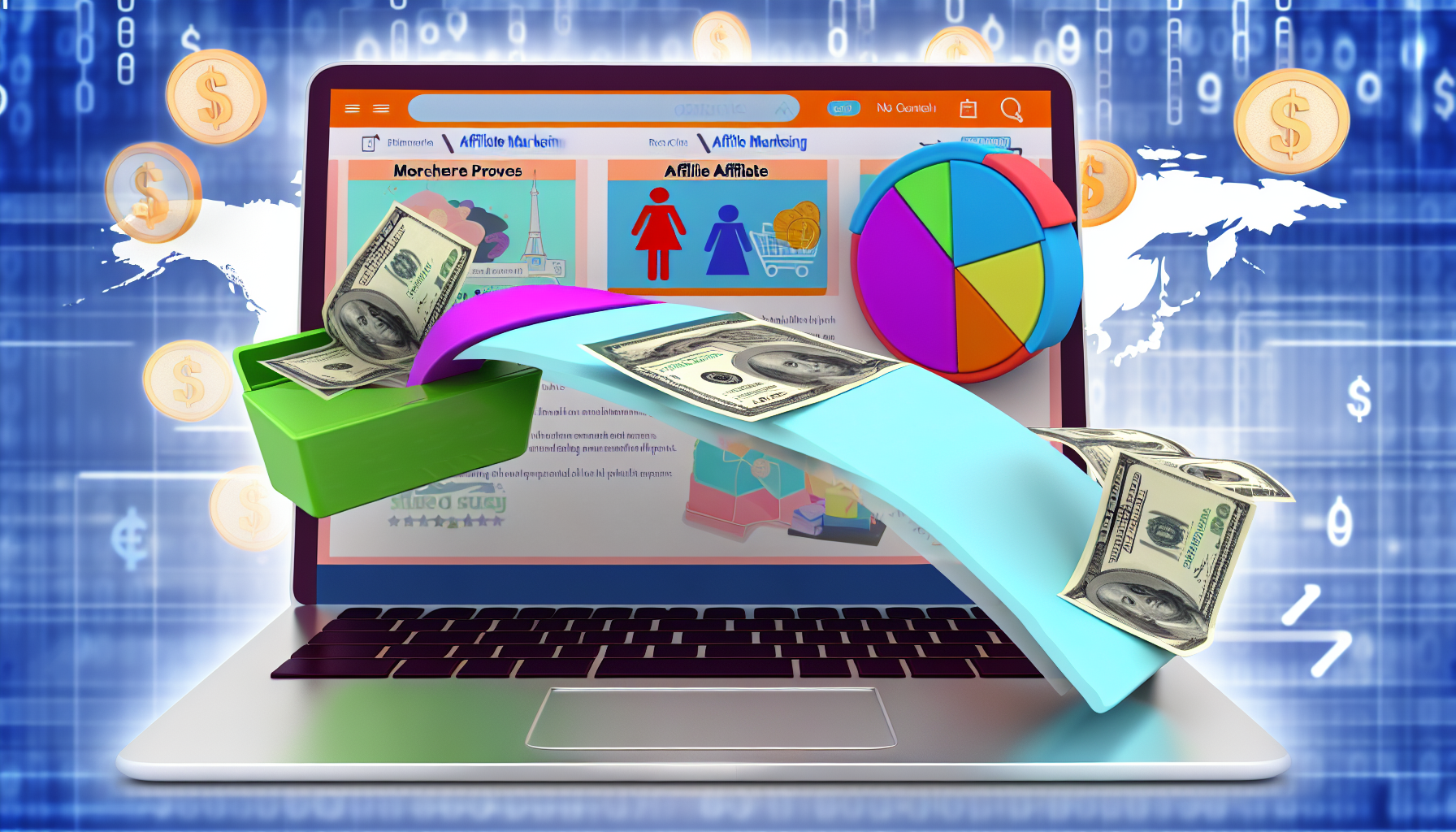 Eine informative digitale Illustration, die zeigt, wie man online mit Affiliate-Marketing Geld verdienen kann. Stellen Sie sich einen offenen Laptop-Bildschirm vor, auf dem eine bunte Website zu sehen ist, die verschiedene Produkte bewirbt. Im Hintergrund fließen Darstellungen verschiedener Währungen (wie Dollar, Euro, Yen usw.) aus dem Laptop. Fügen Sie ein Tortendiagramm auf der Seite hinzu, das die Umsatzverteilung zwischen dem Händler, dem Affiliate und der Plattform zeigt. Das übergreifende Thema des Bildes sollte das Konzept des Online-Unternehmertums widerspiegeln.