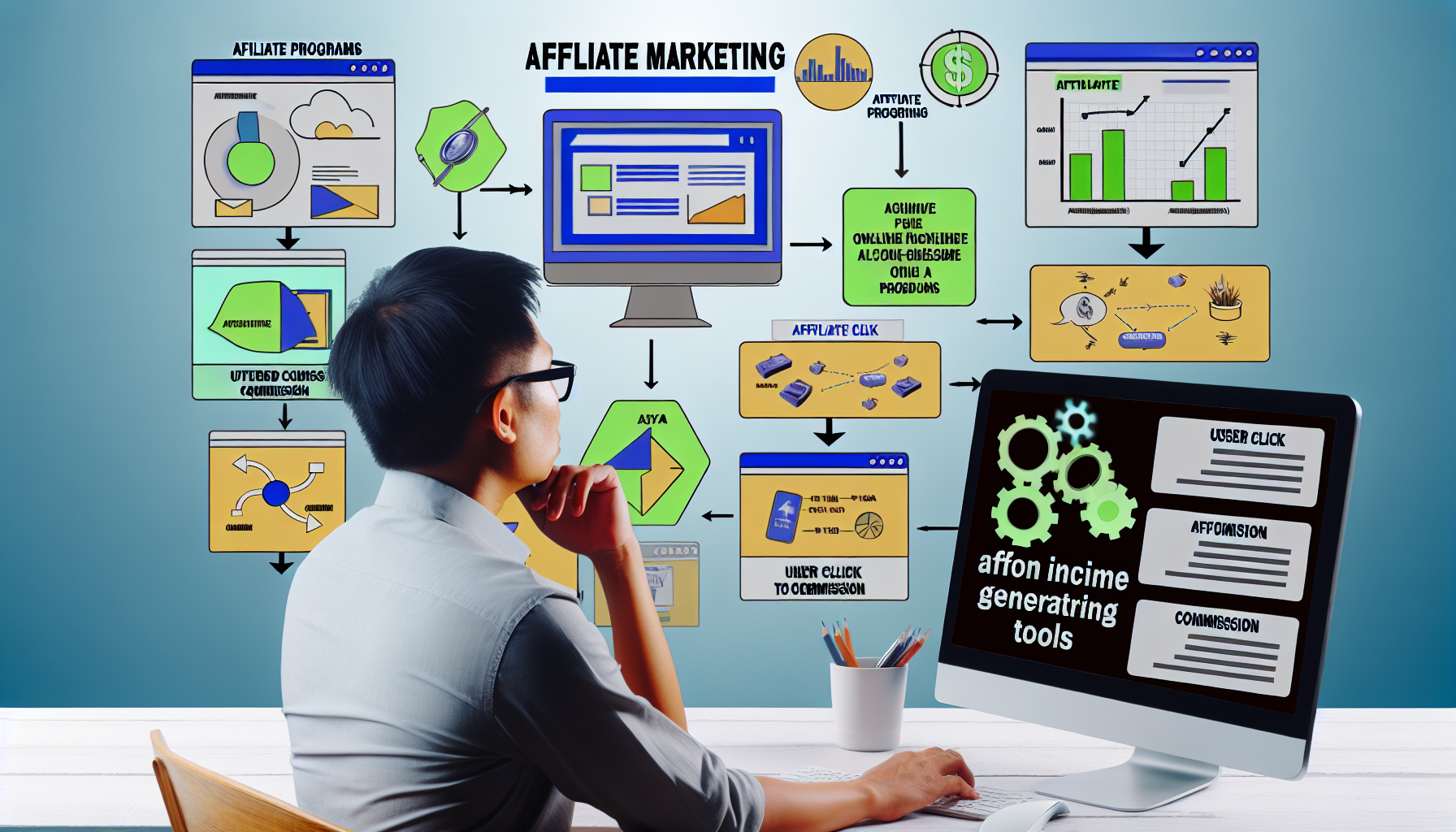 Ein Array verschiedener Online-Einkommenswerkzeuge, das das Konzept des Affiliate-Marketings hervorhebt. Dazu gehört ein Computer, der eine Website anzeigt, die Affiliate-Programme für verschiedene Produkte anbietet, ein visuelles Diagramm des Prozesses vom Benutzerklick bis zur Provision und eine Person asiatischer Abstammung, die am Schreibtisch sitzt und die Statistiken auf ihrem Laptop analysiert. Fügen Sie Elemente wie Flussdiagramme und Grafiken hinzu, die die Datenverfolgung und Rentabilität darstellen. Das Farbschema sollte auffällig sein und eine digitale, moderne Atmosphäre suggerieren.