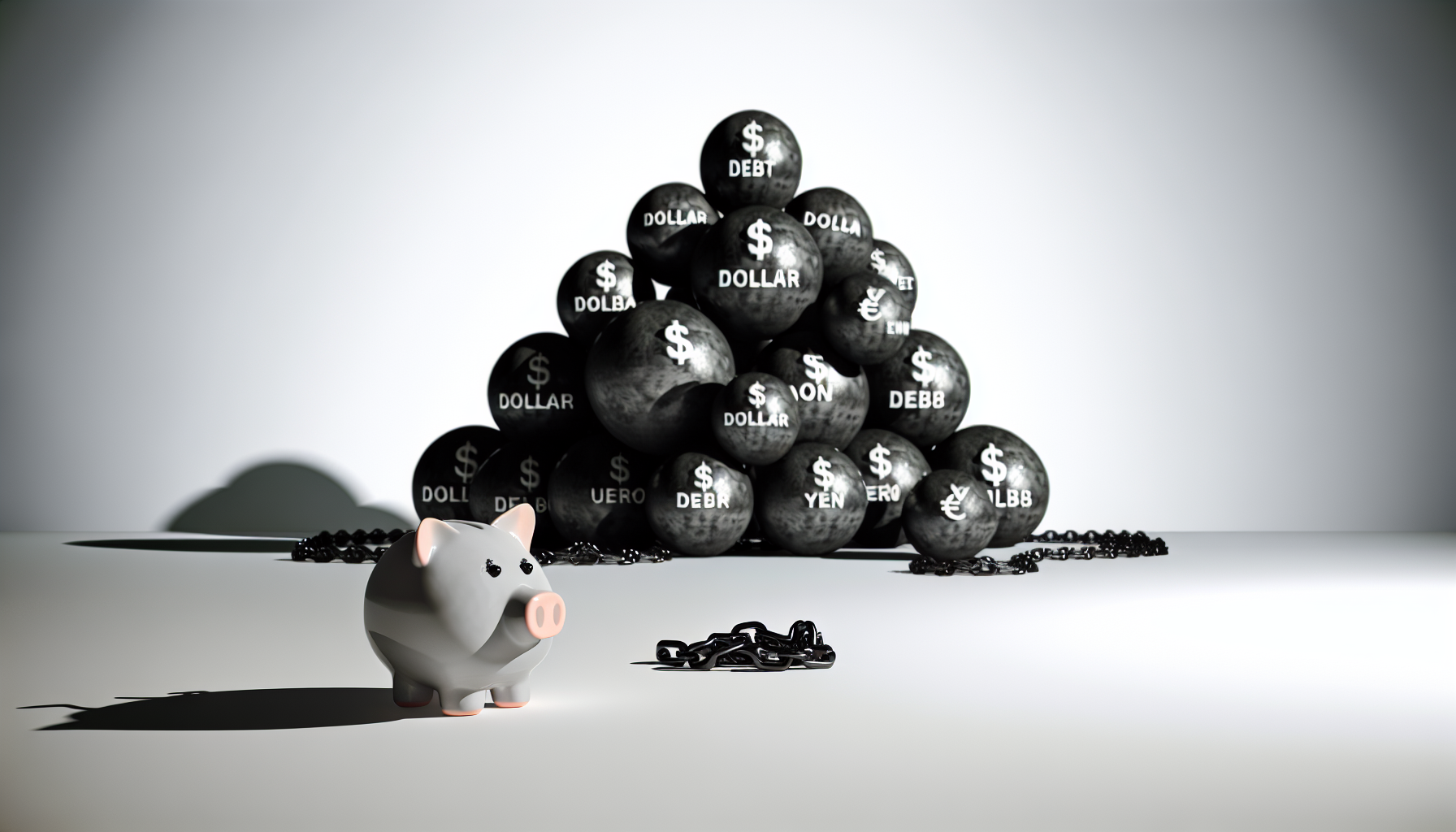 Ein konzeptionelles Bild von hoher Verschuldung, dargestellt durch einen hohen Stapel schwerer, mit Ketten verbundenen Eisenkugeln, die jeweils mit Währungssymbolen wie Dollar, Euro, Yen usw. beschriftet sind. Diese Kugeln werfen einen dunklen Schatten über eine kleine, zerbrechliche Keramiksparschweinchen, das an der Basis steht und ängstlich und überwältigt aussieht. Der Hintergrund ist eine karge, weiße Fläche, die die bedrohliche Spannung verstärkt.