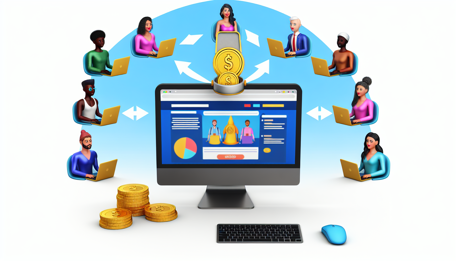 Eine illustrative Szene, die das Konzept des Geldverdienens online durch Affiliate-Marketing veranschaulicht. Die Komposition zeigt einen Computer mit einer Website, die verschiedene Produkte bewirbt. Neben dem Computer wird der Prozess des Verdienens symbolisiert, indem Münzen dargestellt werden, die aus dem Computerbildschirm fließen. Zudem wird die globale Reichweite dieser Methode hervorgehoben, indem im Hintergrund verschiedene Personen unterschiedlicher Abstammung, wie Kaukasier, Hispanics, Schwarze, Menschen aus dem Nahen Osten und Südasien, gezeigt werden, die an ihren eigenen Computern arbeiten und an dieser Methode teilnehmen. Achten Sie darauf, eine ausgewogene Mischung der Geschlechter unter diesen Personen darzustellen.