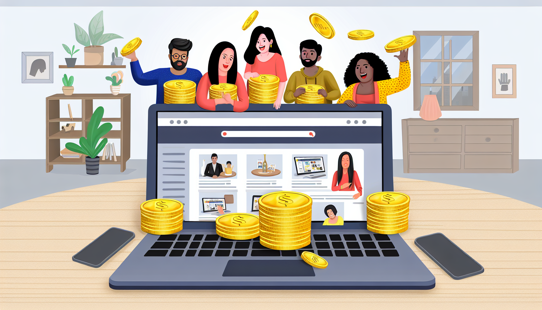 Eine Illustration, die das Konzept der Einkommensgenerierung online durch Affiliate-Marketing darstellt. Zeigen Sie einen Laptop mit einer geöffneten Webseite, die verschiedene Produkte zeigt. Der Laptop ist mit Goldmünzen verziert, die das Einkommen symbolisieren. Um den Laptop herum sind verschiedene Personen unterschiedlicher Abstammung und Geschlechter dargestellt - eine mittelöstliche Frau, ein südasiatischer Mann, ein hispanischer Mann und eine kaukasische Frau, die alle mit dem Laptop interagieren. Sie zeigen alle Ausdrücke, die ihren Erfolg und ihre Zufriedenheit anzeigen. Der Hintergrund sollte ein typisches modernes Home-Office sein.