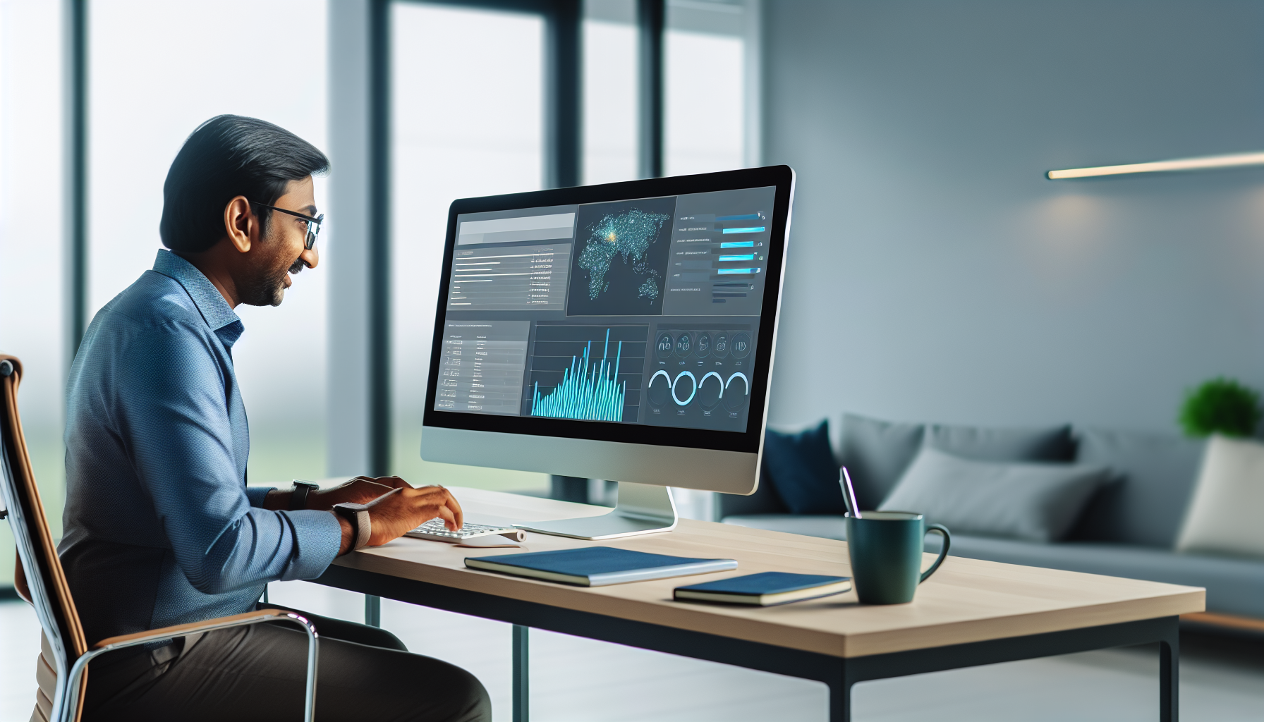 Ein Bild zeigt eine Person südasiatischer Abstammung, die vor einem großen Computerbildschirm arbeitet, der verschiedene Statistiken und Daten anzeigt. Er sitzt an einem modernen, schlanken Schreibtisch in einem gut beleuchteten Raum und tippt schnell. Auf dem Schreibtisch stehen auch eine Kaffeetasse, ein Notizbuch und ein Stylus. Die Person sieht konzentriert aus und ist in ihre Aufgabe vertieft, was darauf hindeutet, dass sie online ihren Lebensunterhalt verdient.