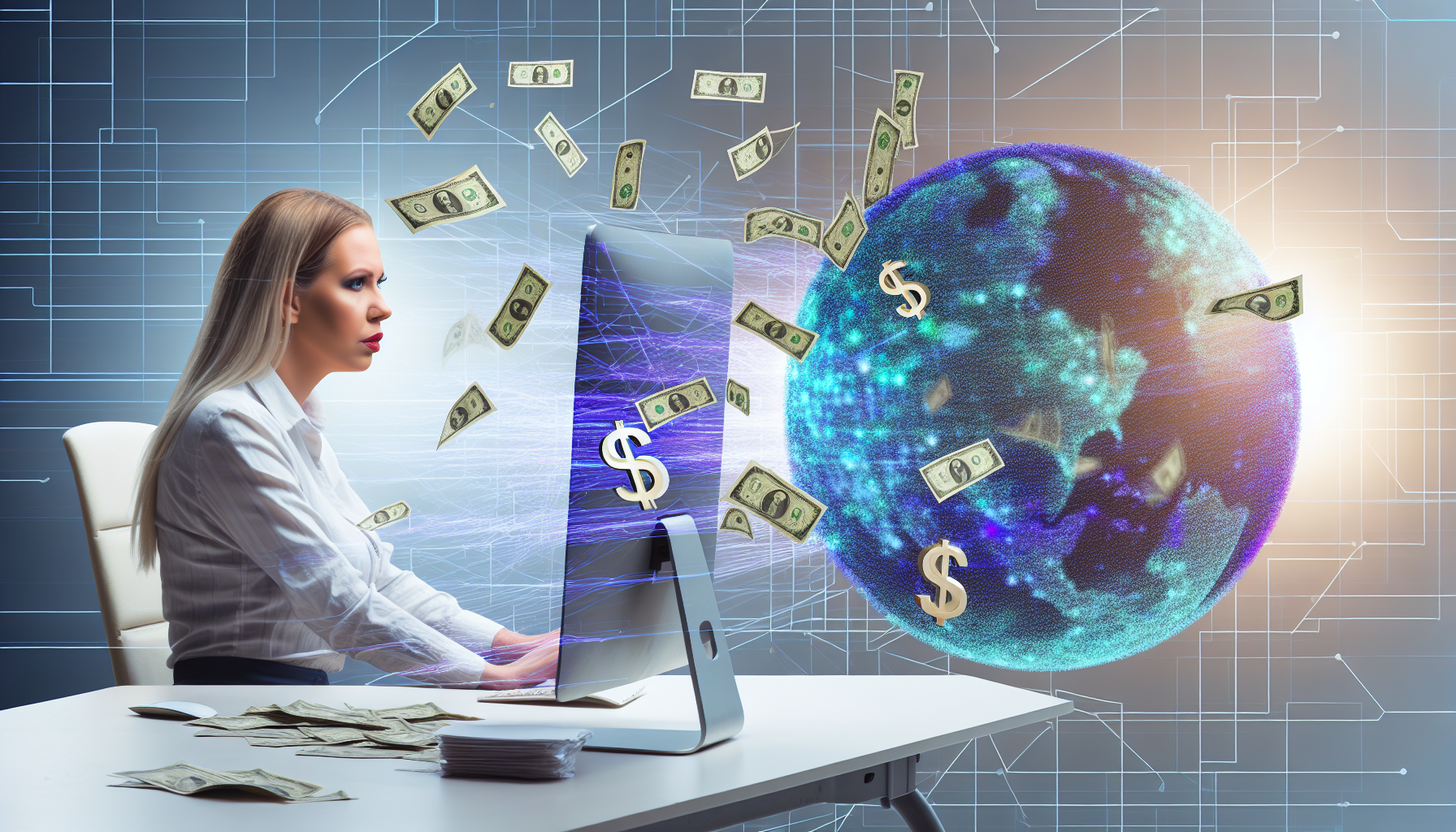 Eine illustrative Darstellung des Affiliate-Marketings als Methode, online Geld zu verdienen. Zeigen Sie dieses Konzept mit einer symbolischen Darstellung des Internets, symbolisiert durch einen großen Globus, der mit Hochgeschwindigkeits-Digitalinformationsnetzwerken gefüllt ist. Dies wird eine kaukasische Frau zeigen, die an ihrem Computer sitzt, an einer sorgfältig ausgearbeiteten Marketingstrategie arbeitet und ein Affiliate-Marketing-Programm startet. Geldsymbole fließen komplex von dem Computerbildschirm, um den Verdienstaspekt dieses Online-Geschäfts hervorzuheben. Die Umgebung sollte eine professionelle und organisierte Home-Office-Atmosphäre hervorrufen.